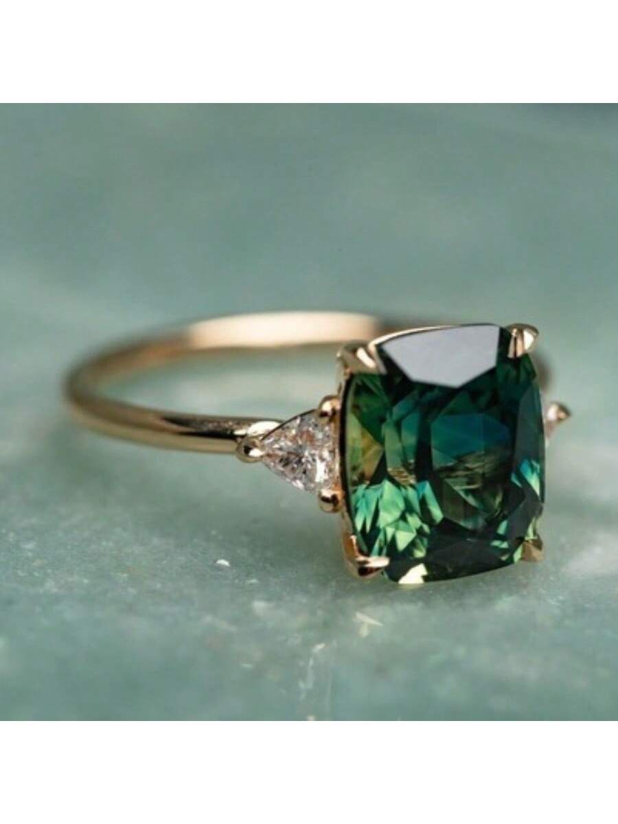 Vintage Gemstone Inlay Engagement Ring With Green Stone, Size 5-11-Gold-1