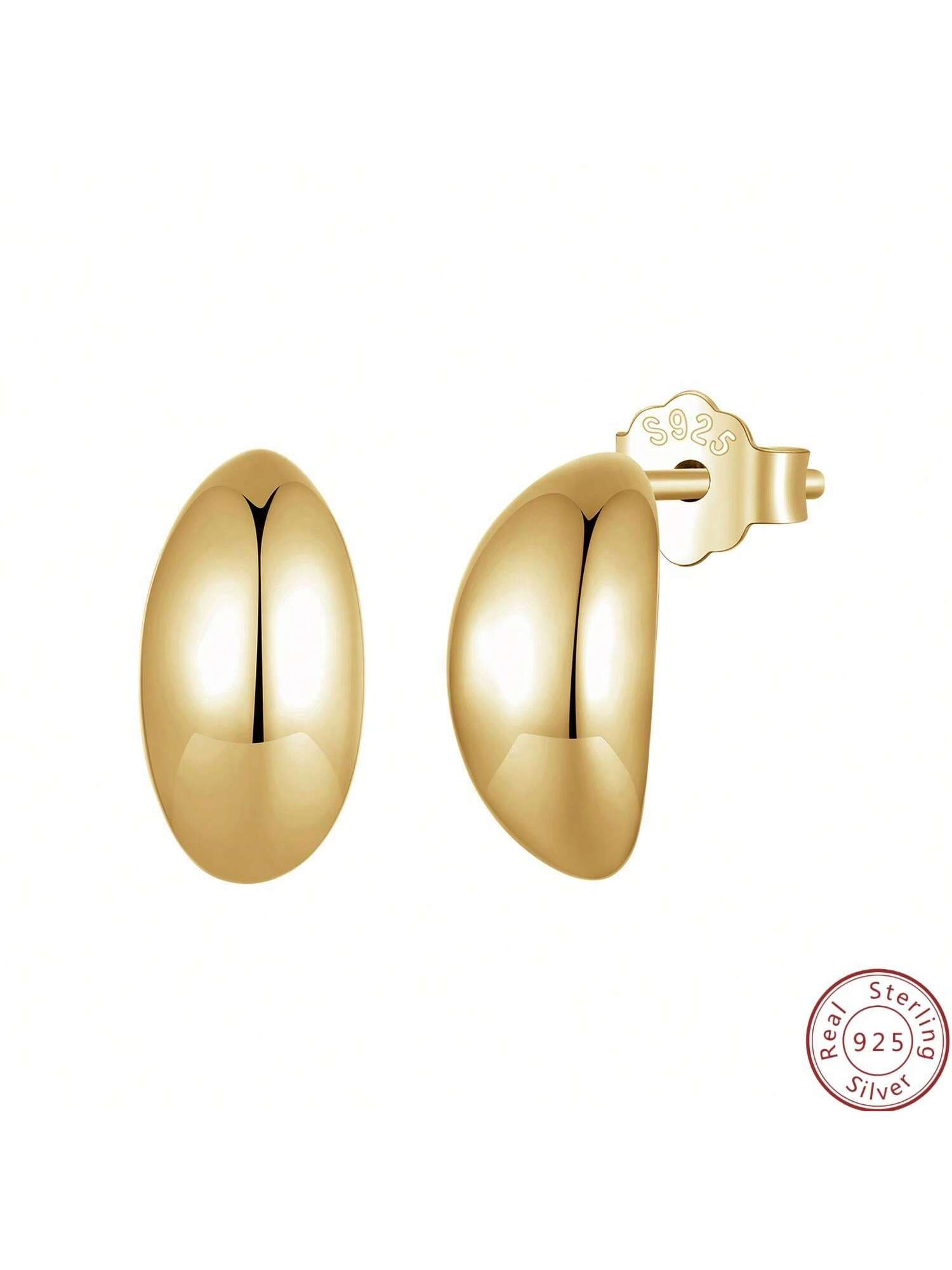 1pair Smooth S925 Silver Minimalist Metallic Texture Earrings, Suitable For Women's Daily Wear-Gold-1