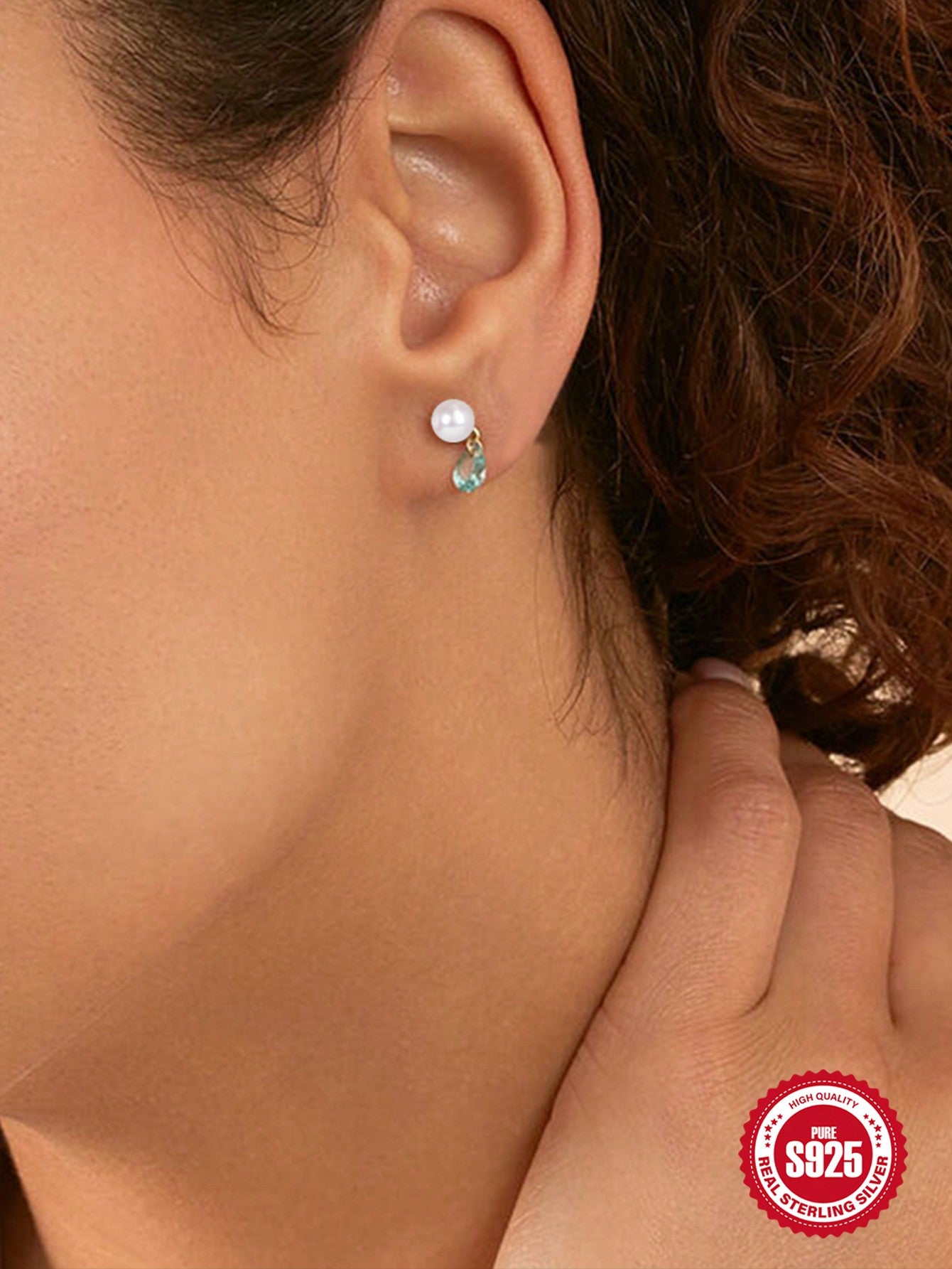 1pair Light Blue Color European And American Style Fashionable Simple S925 Silver With Pearl And Colored Water Drop Shaped Rhinestone Inlaid Earrings For Women-Baby Blue-1