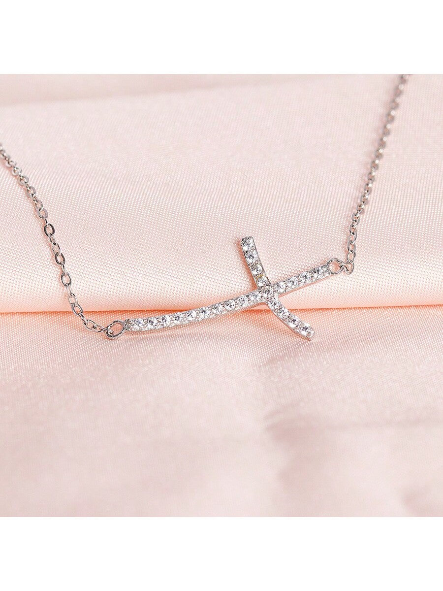 1PC 925 Sterling Silver Cross Necklace Rhinestone Necklace--1