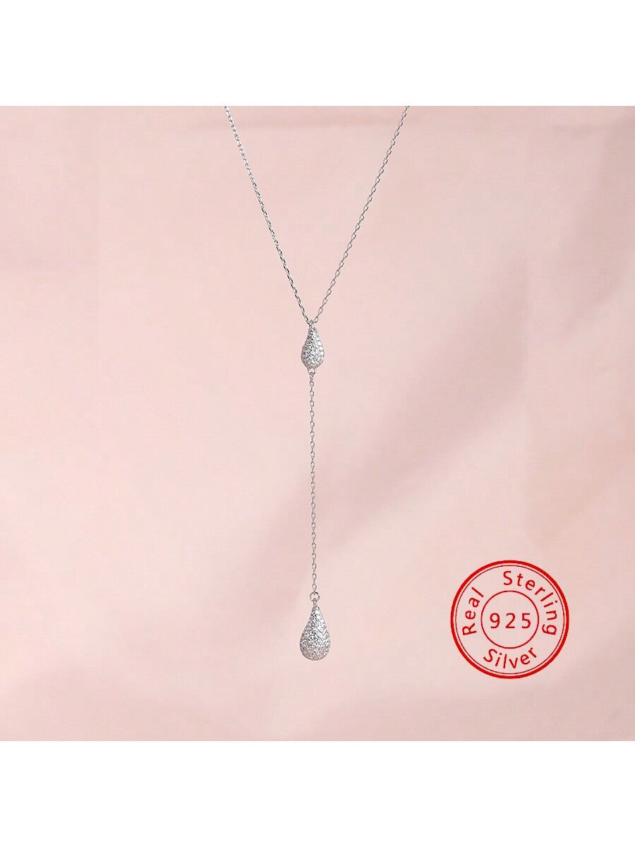 1pc 925 Sterling Silver Double Water Drop Pendant Necklace With Scattered Rhinestone Decoration Suitable For Women's Daily Wear-Silver-1