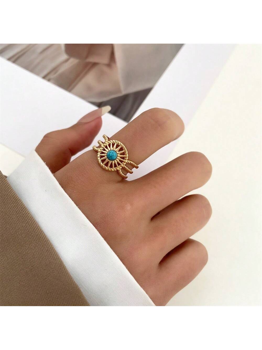 Vintage Gold-plated Alloy Ring Inlaid With Natural Stones For Women, Ins Style, Open-ended Design, Adjustable-Blue-1