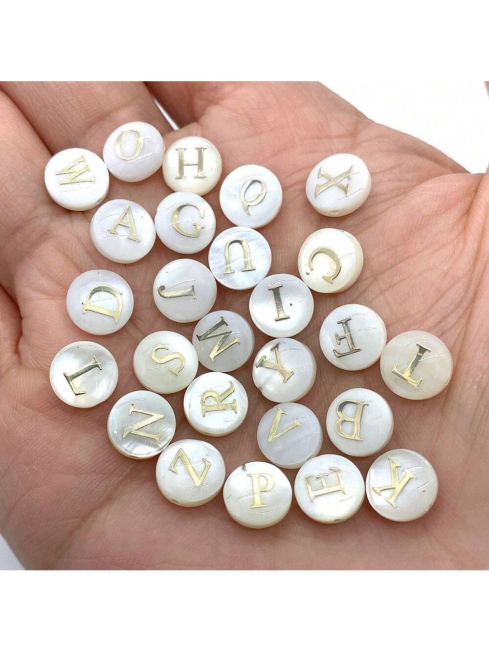 Natural Seashell Flat Round Beads 6mm-8mm, 26pcs Alphabet Letter Gold-plated Beads With Horizontal Holes--1