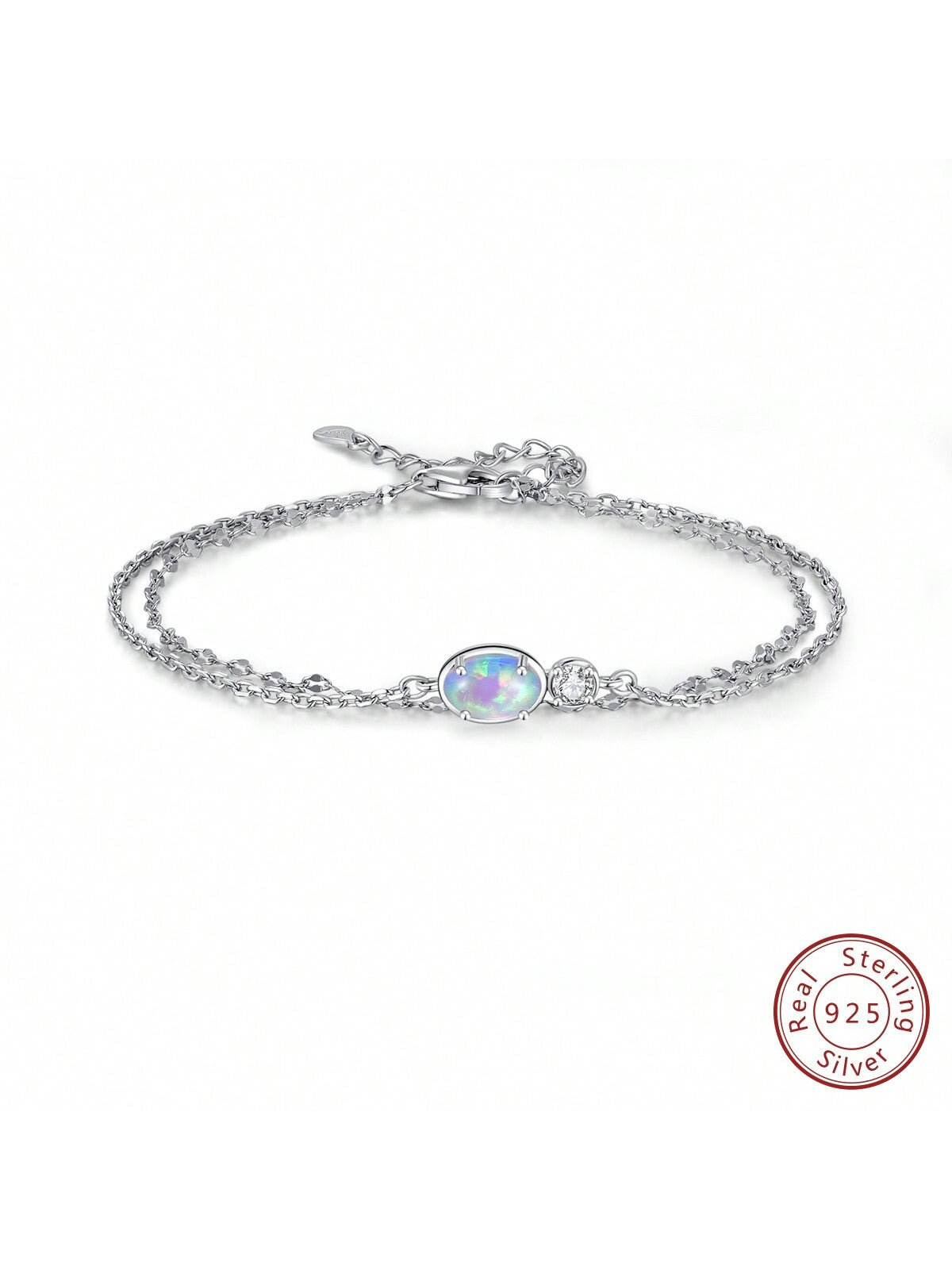 PHNIBIRD Bracelet Ladies Opal "Flame of Happiness" Metal Allergy Double String Bracelet 925 Silver Women Brithday Gift Anniversary, Silver, Opal--1