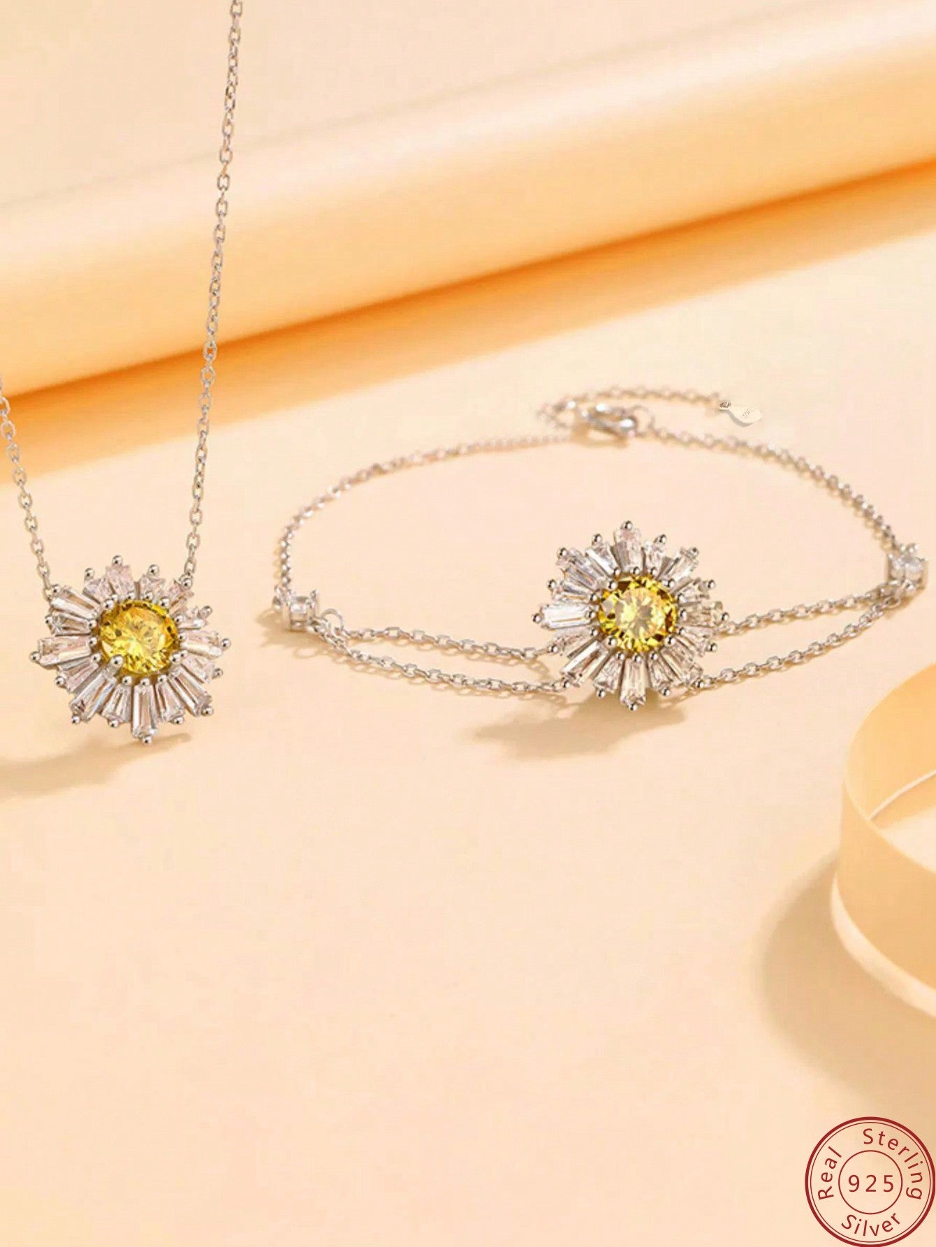 A Stylish S925 Silver Set Of Sunflower Shape Pendant Necklace With Zirconia Inlay And Sunflower Shape Zirconia Inlaid Bracelet, Comes With A Gift Box. Perfect For Dating, Festivals, Weddings, Travelling, Daily Wear, Work And Beach. A Versatile And--1