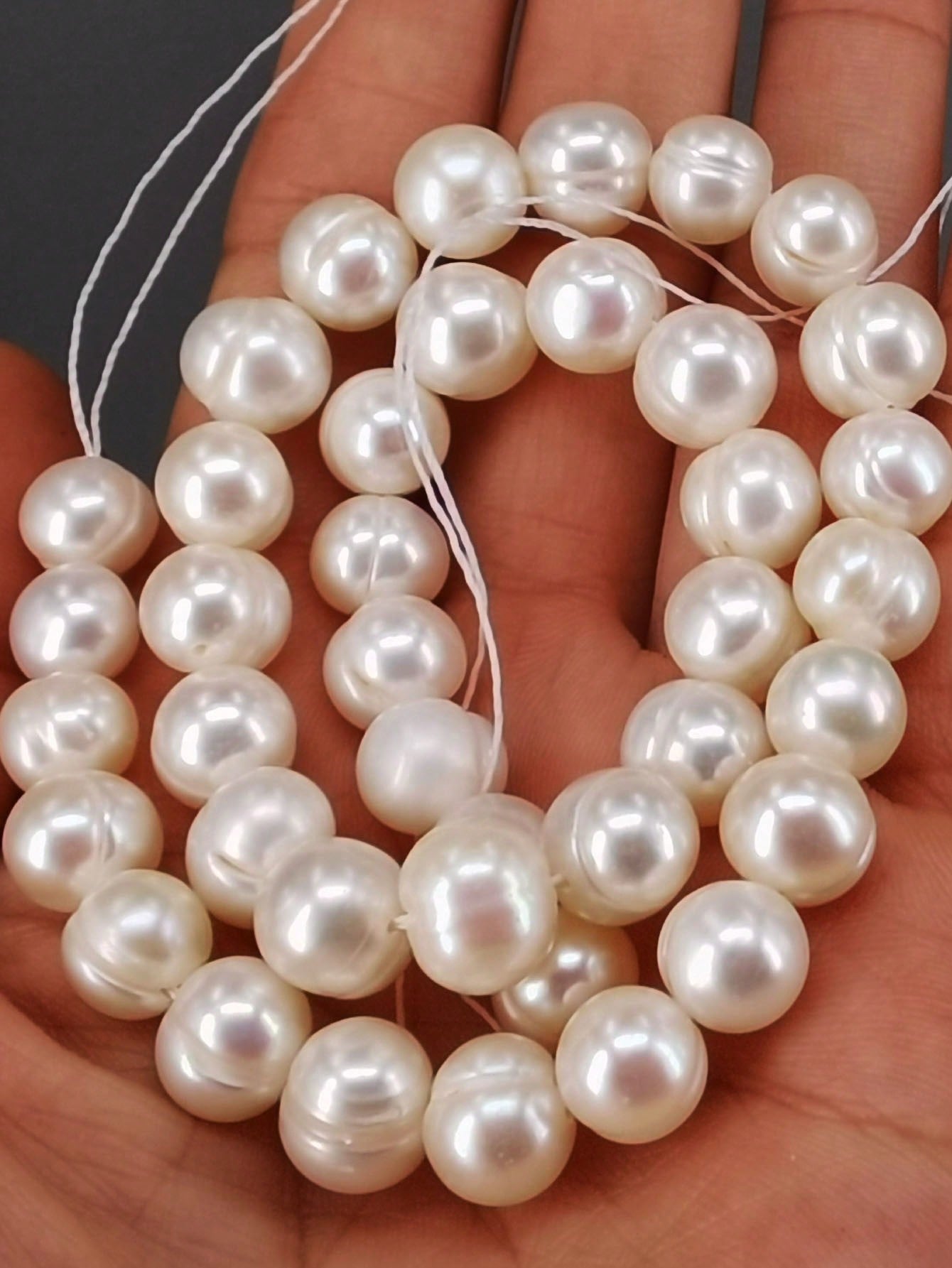 Natural one strand 9-10mm white high light deep growth veins freshwater pearl 34cm beads for necklace or bracelet making women daily life or party-White-1