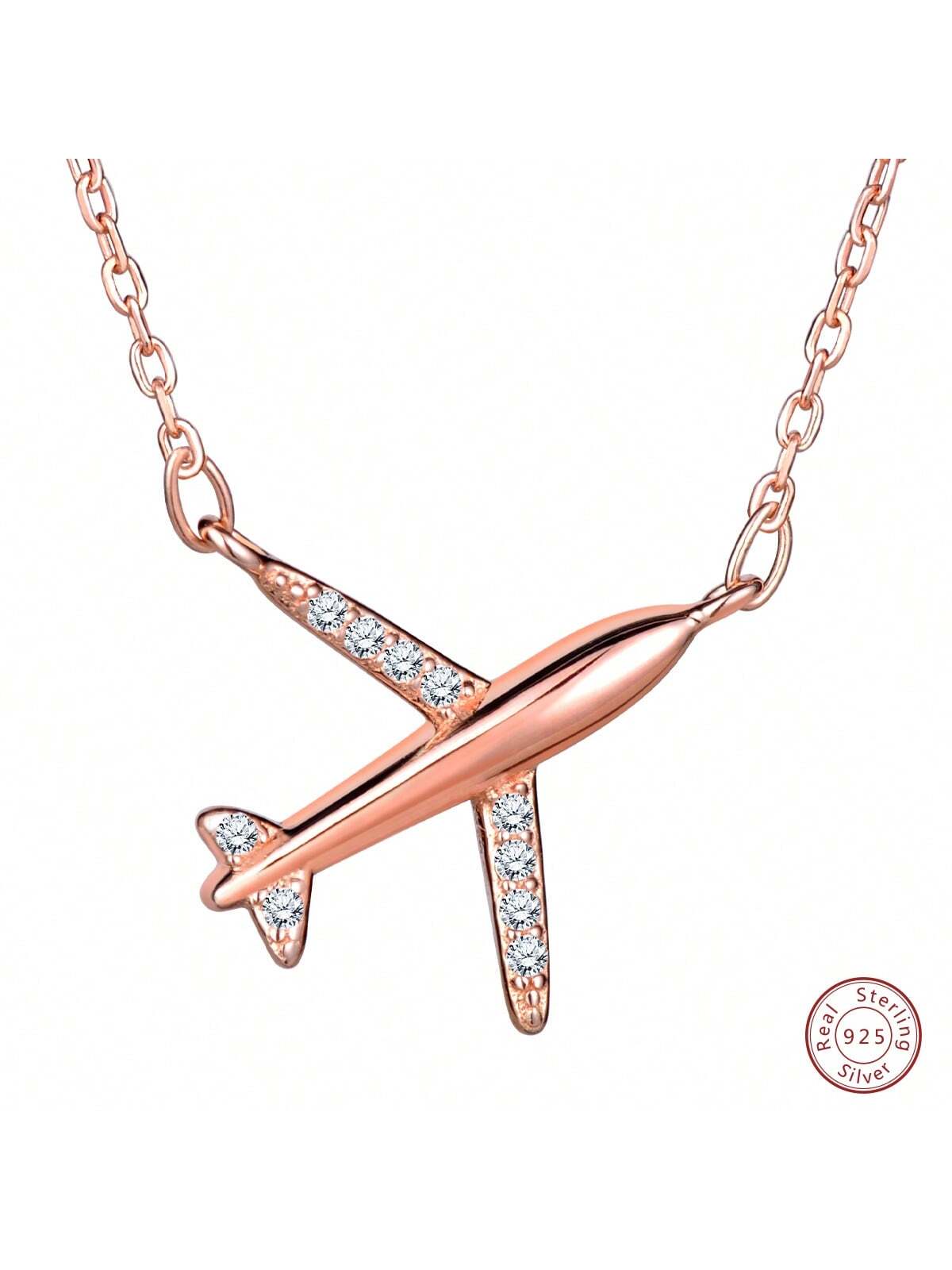 1pc Fashionable 925 Sterling Silver Airplane Pendant Necklace With Zirconia For Women's Daily Wear-Rose Gold-1