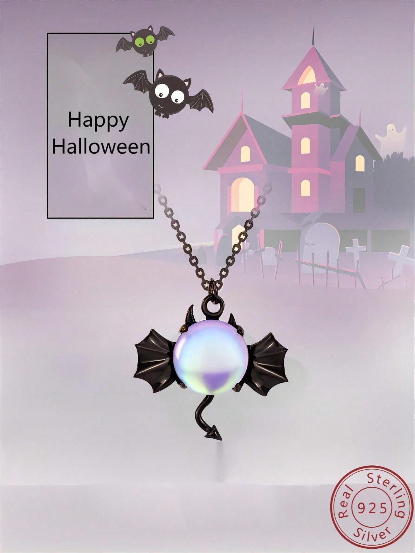 1pc Fashionable S925 Silver Little Devil & Moonstone Inlaid Black Bat Necklace Suitable For Women To Wear On Halloween--1