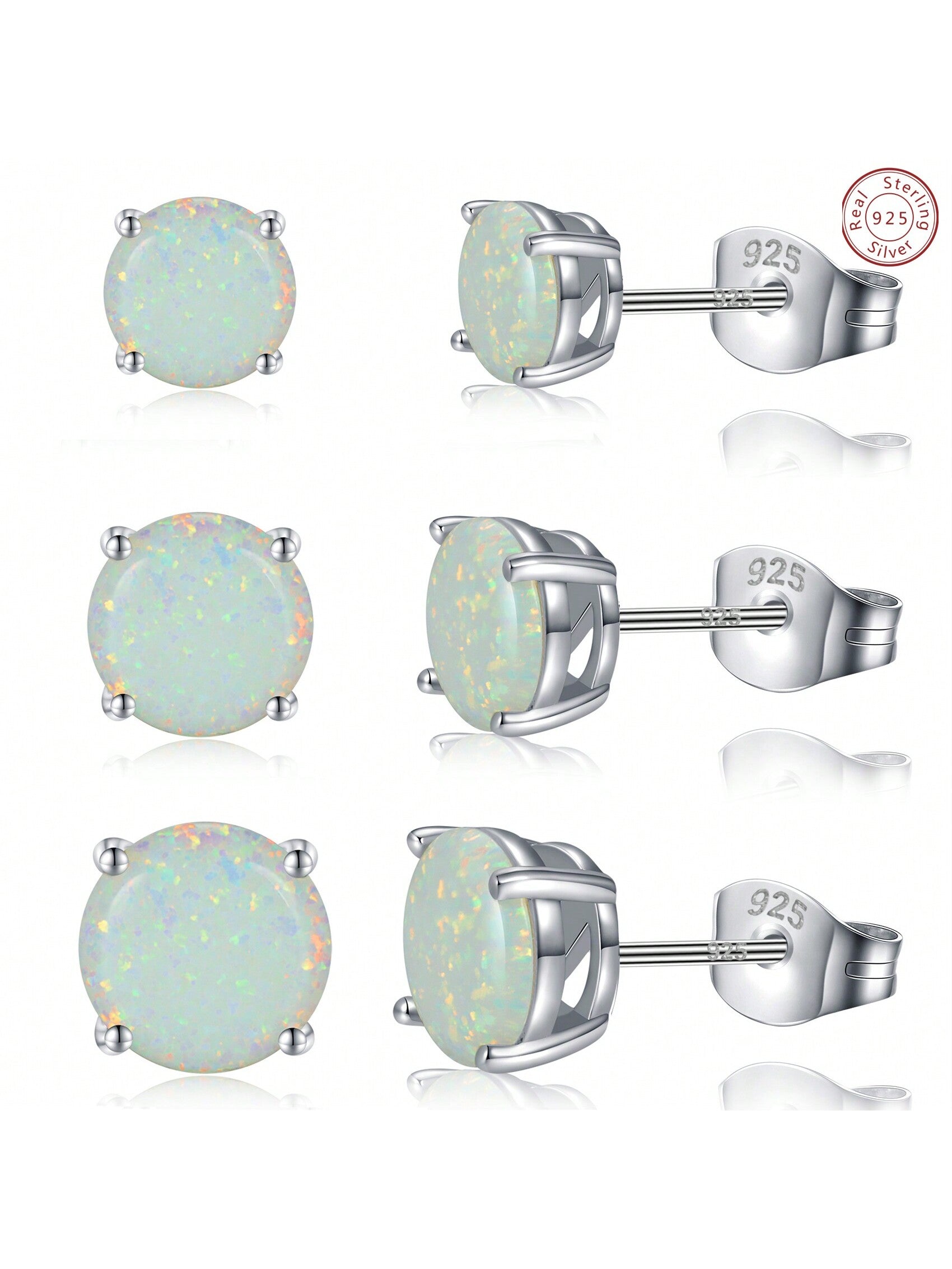 Pack of 925 Sterling Silver 3/5/7mm White Opal Stud Earrings for Women Men 18K White Gold Plated Hypoallergenic for Sensitive Ears Piercing Post--1