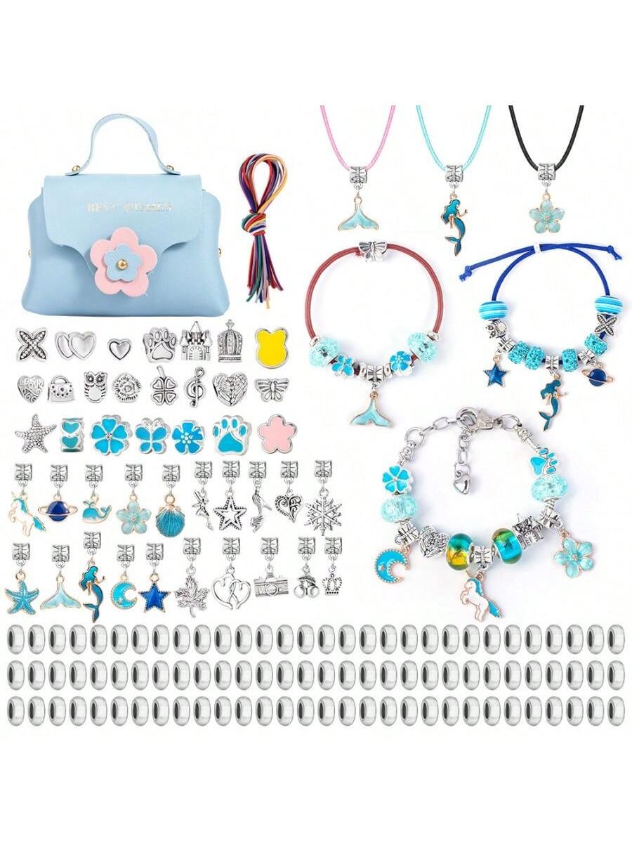 1 set of DIY Bracelet Making Kit,Send Beautiful Blue Bag,Including Alloy & Alloy Enamel & Resin European Beads Alloy Dangle Beads Brass European Style Bracelet Makings,Mixed Mermaid Moon Star Accessories For Women For DIY Jewelry Making-Blue-1