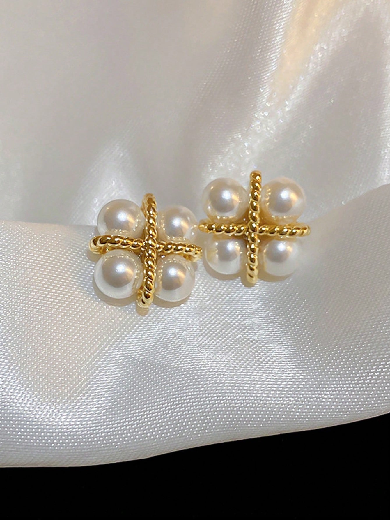 1pair Simple & Exquisite Pearl & Cross & Square Shaped Trendy & Lightweight & Sophisticated & High-end Design Earrings-Multicolor-1