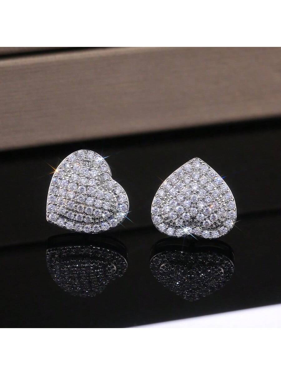 1pair Micro Inlaid Cubic Zirconia Heart Shape Stud Earrings, Wedding Anniversary Gift For Women-Silver-1