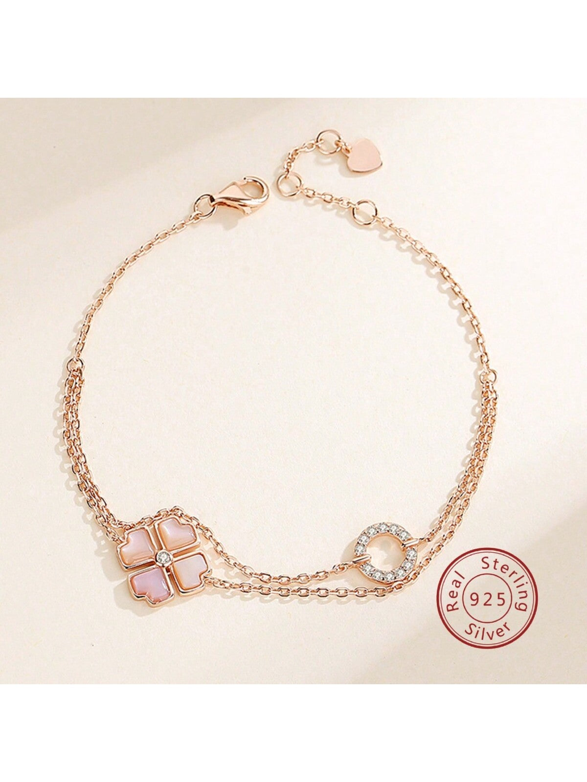 1pc DML ins Style Heart Love Four Leaf Grass Double Layer Bracelet S925 Silver Fine Jewelry Fashion Accessories L627 Women Lady Light Luxury Elegant Decor for Casual Daily Party Decoration with gift box pack Christmas Thanksgiving Gift-Rose Gold-1