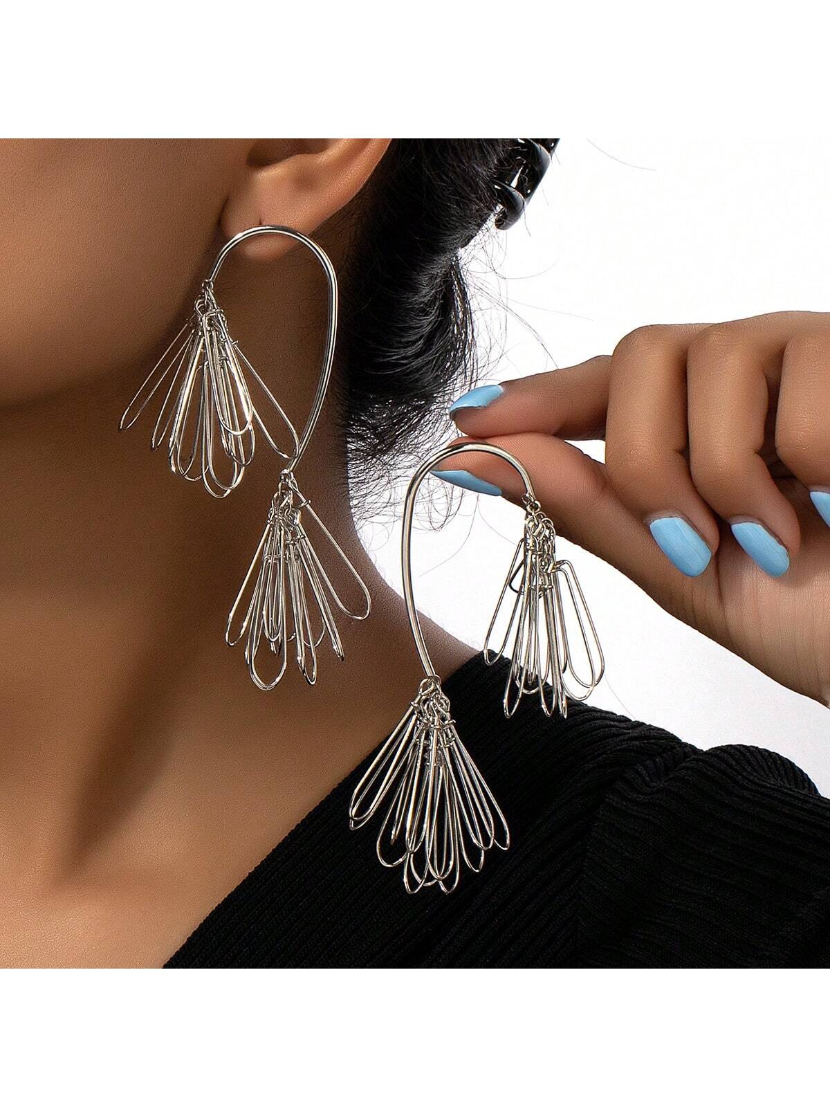 1pair European & American Style Unique Brooch Pin Dangle Earrings, Exaggerated Metallic Feeling, Simple & Airy Design, Suitable For Ladies On Dates-Silver-1