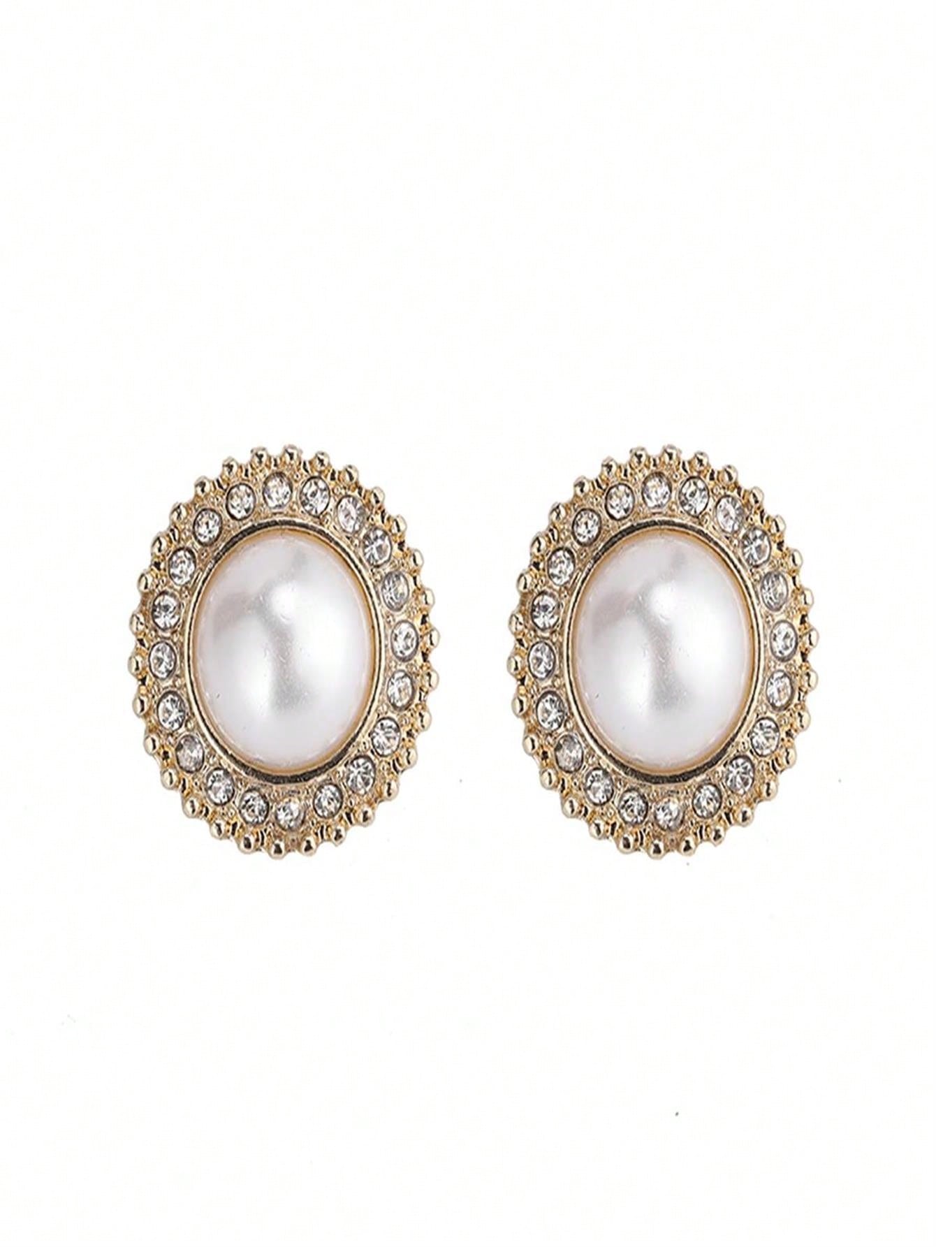 1pair Exquisite Fashionable Western Style High-end Rhinestone Inlaid Earrings With Vintage Pearl Detail, Noble Accessory-Gold-1