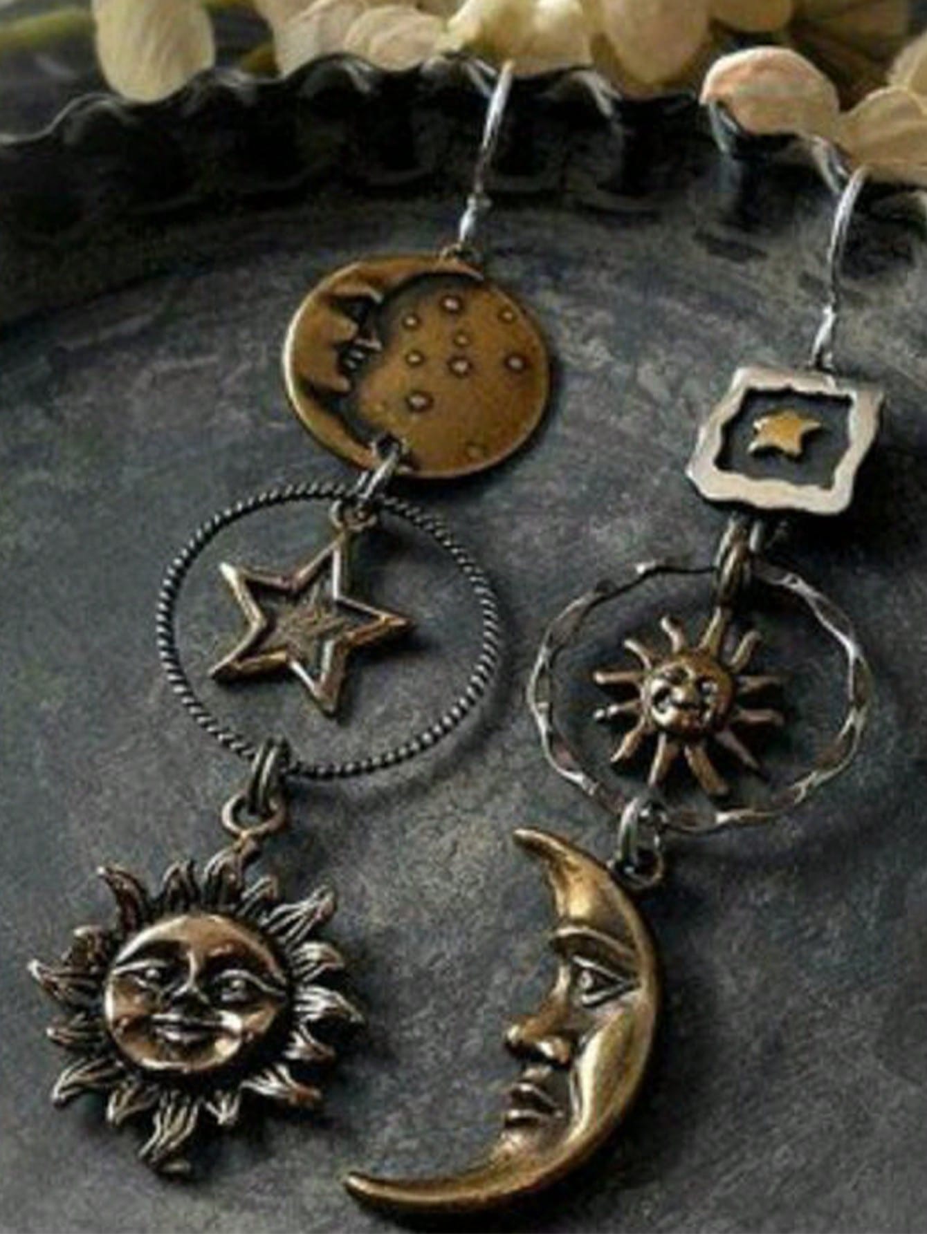 Vintage Asymmetrical Long Pendant Earrings With Star, Sun And Moon Design-Ancient Bronze-1