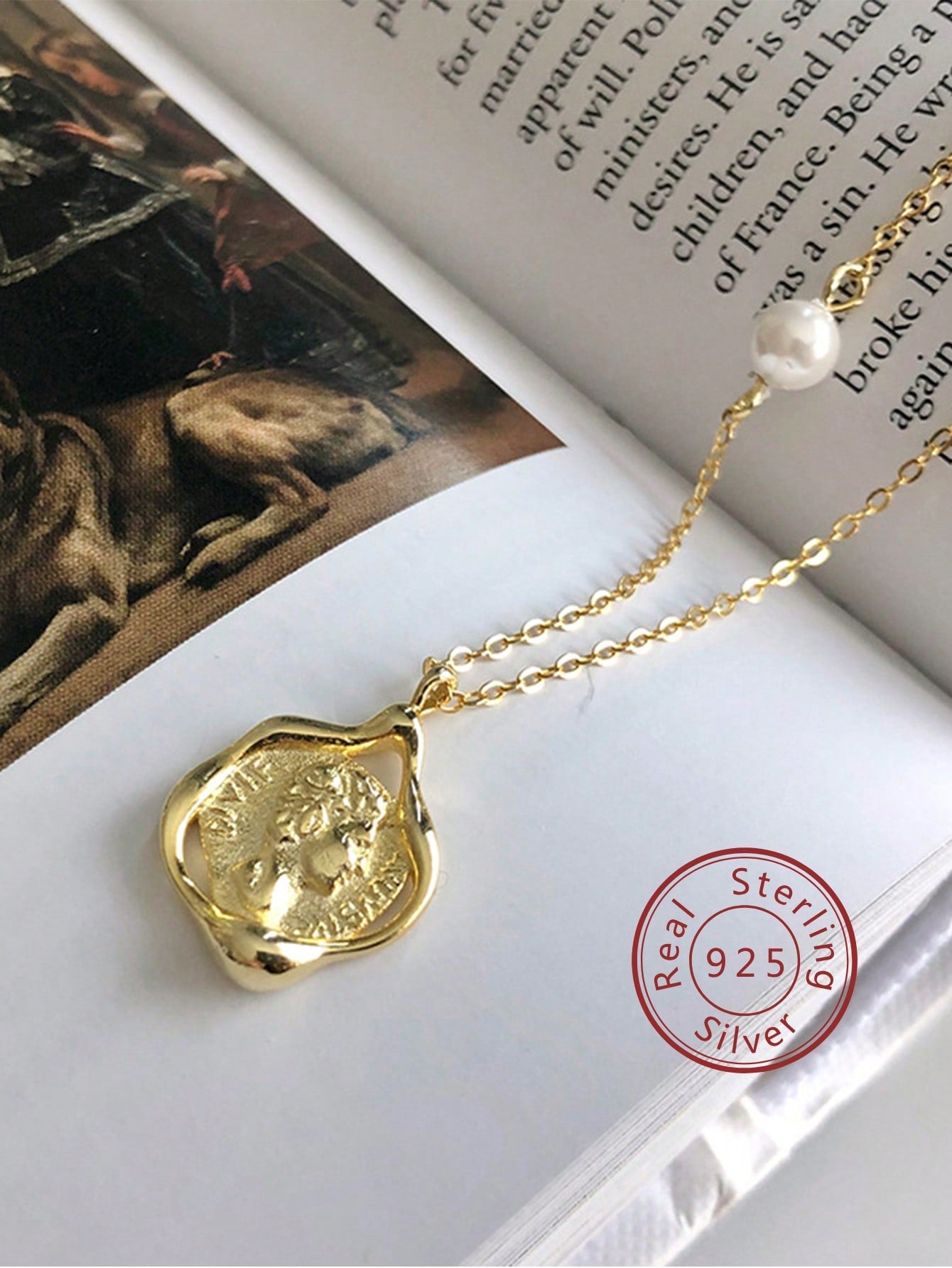 1pc Golden S925 Sterling Silver Choker With Irregular Portrait Coin Pendant For Women's Daily Wear-Yellow Gold-1