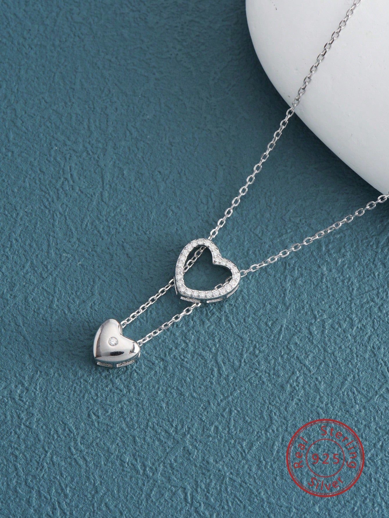 1Pc Korea Cold Wind Style  925 Silver Necklace Seperate Heart Pendants Siutable For Women Daily Wear-White-1