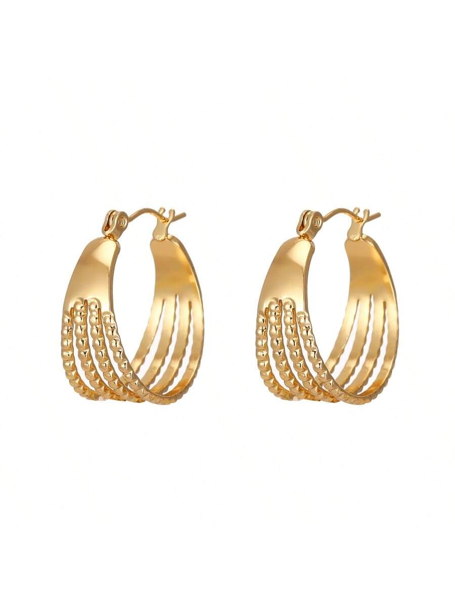 2pcs Stainless Steel 18k Gold-plated Ins-style Multi-layered Hollow Out Minimalist Hoop Earrings For Women, Suitable For Daily Wear-Gold-1