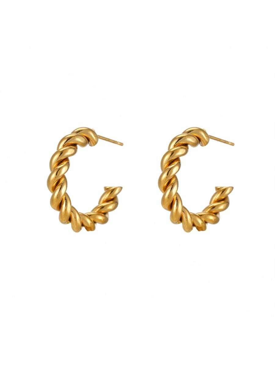 2pcs Stainless Steel 18k Gold Plated Twisted C-shaped Stud Earrings With Simple Ins Style Design For Women's Daily Wear-Gold-1