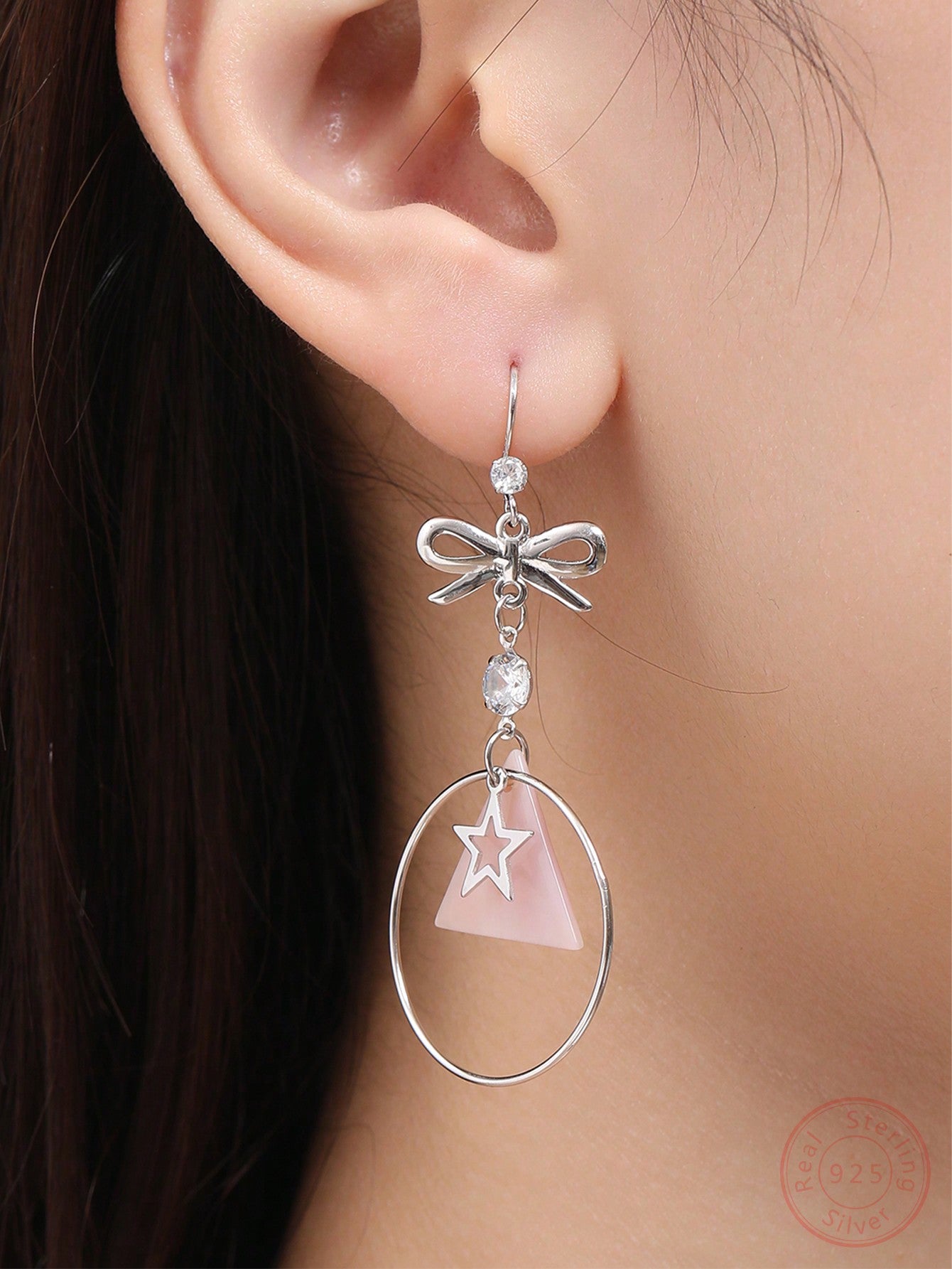 1pair Butterfly Bow Shaped & Triangle Pink Shell Pendant Earrings, Fashionable Elegant Lavish Delicate Sterling Silver Dangle Earrings, Women Exclusive, Suitable For Daily Wear, Party, Banquet-Silver-1