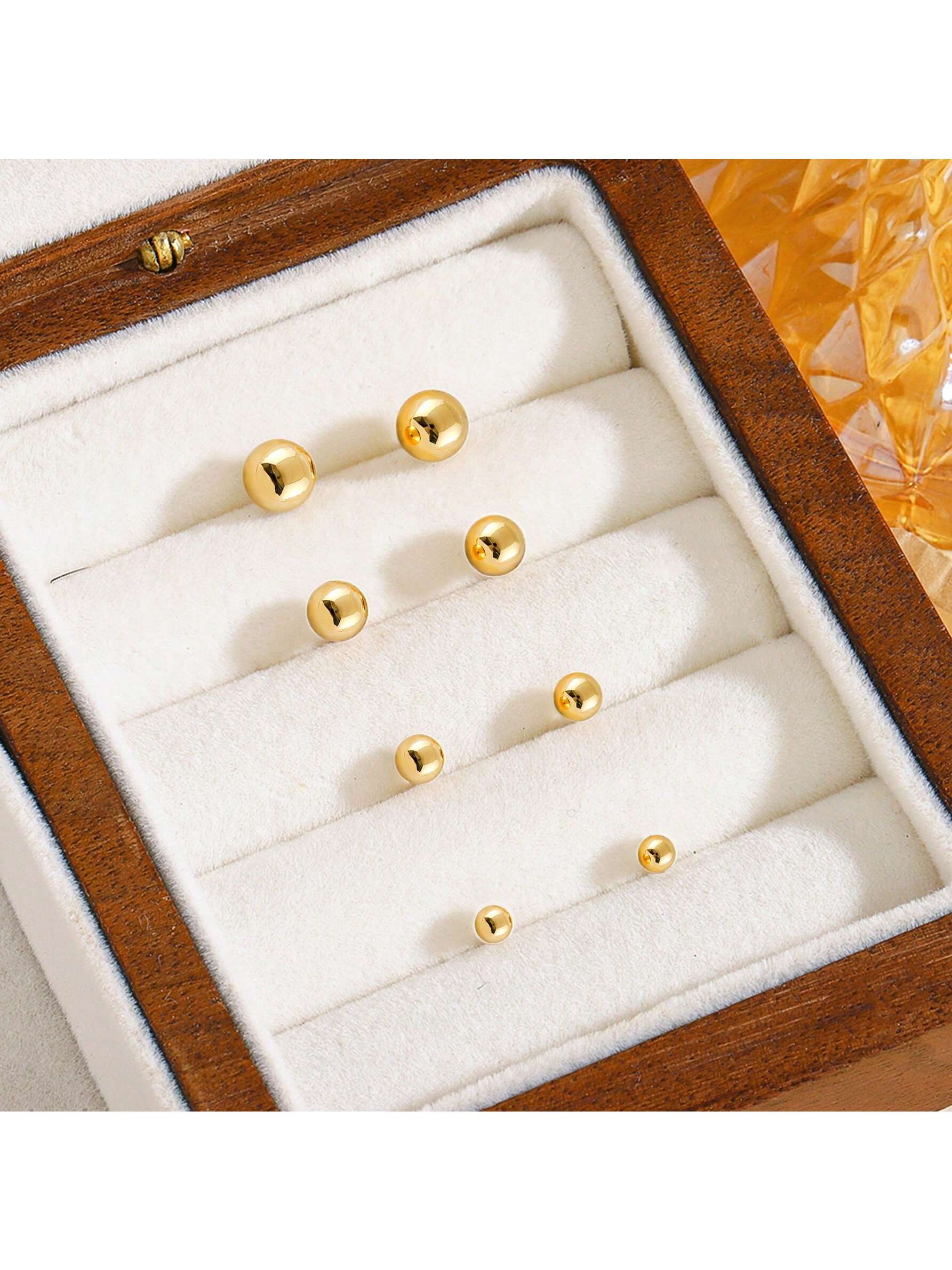 4pairs/set Gold-plated Stainless Steel Round Ball Stud Earrings, Hypoallergenic For Daily Wear, Girls And Women, 4mm, 5mm, 6mm, 8mm-Gold-1