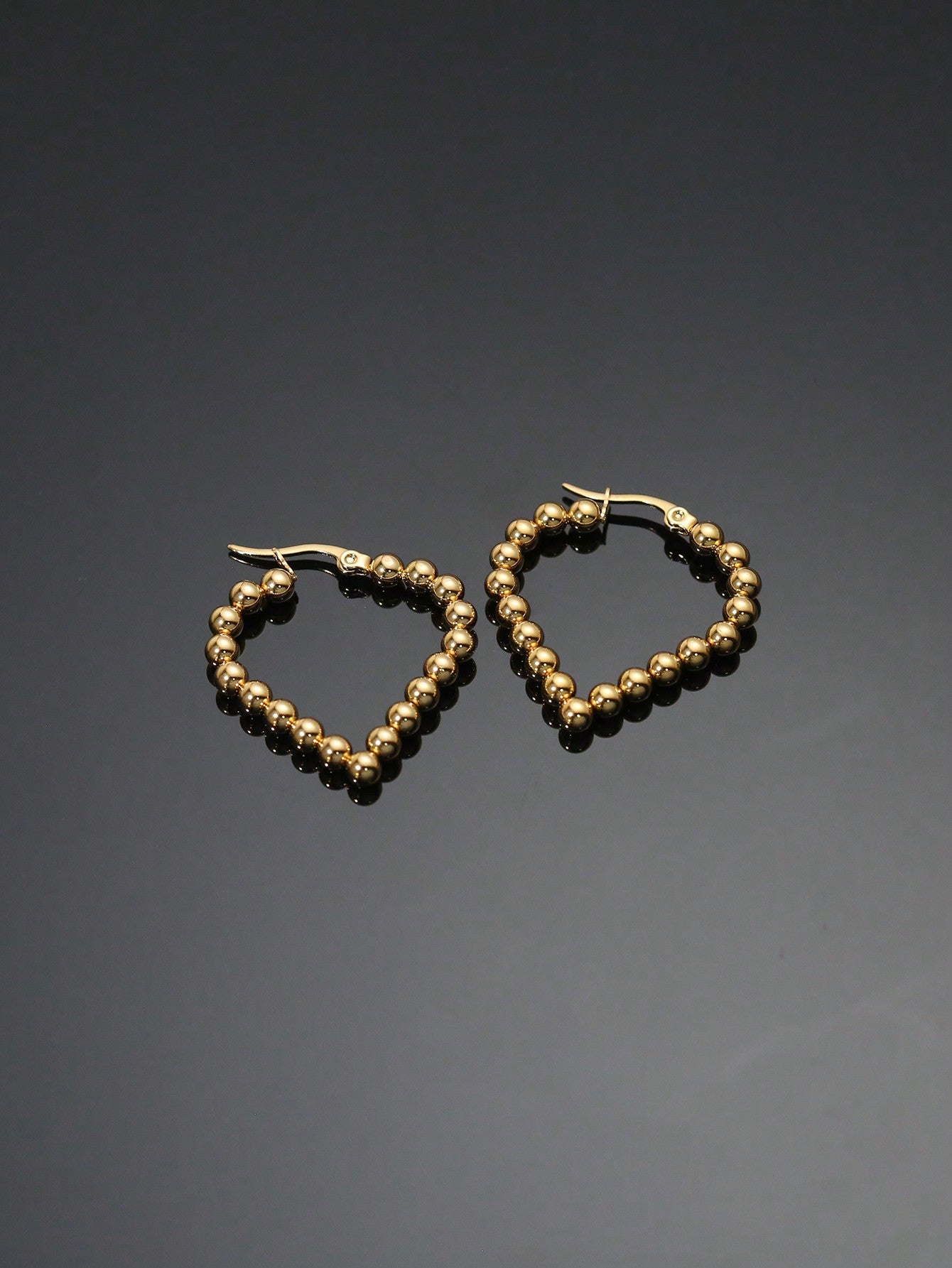 2pcs Women's Fashionable Heart-shaped Bead Stainless Steel Personalized & High-end Feel Ear Studs & Earrings-Yellow Gold-1