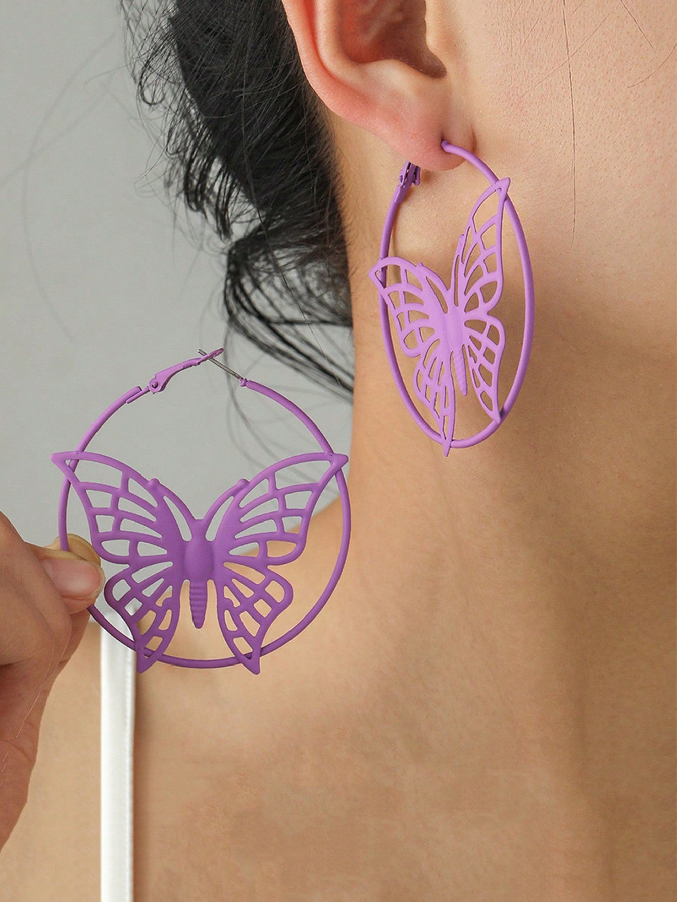 Purple Spray Paint Butterfly Hoop Earrings-Purple-1