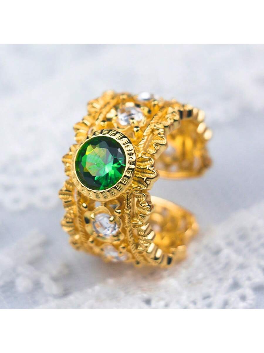 Women's Vintage Green Cubic Zirconia Stone Gold Open Ring-Gold-1