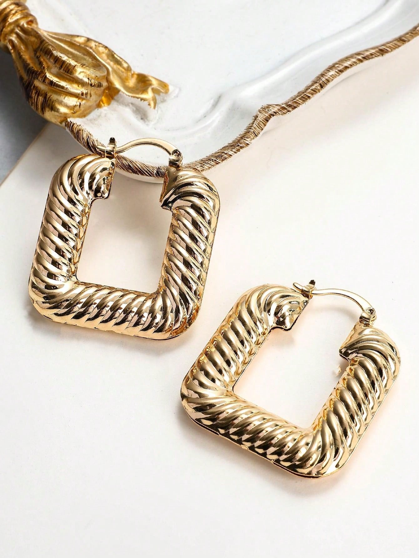 Fashionable Threaded Geometric Textured Earrings-Gold-1