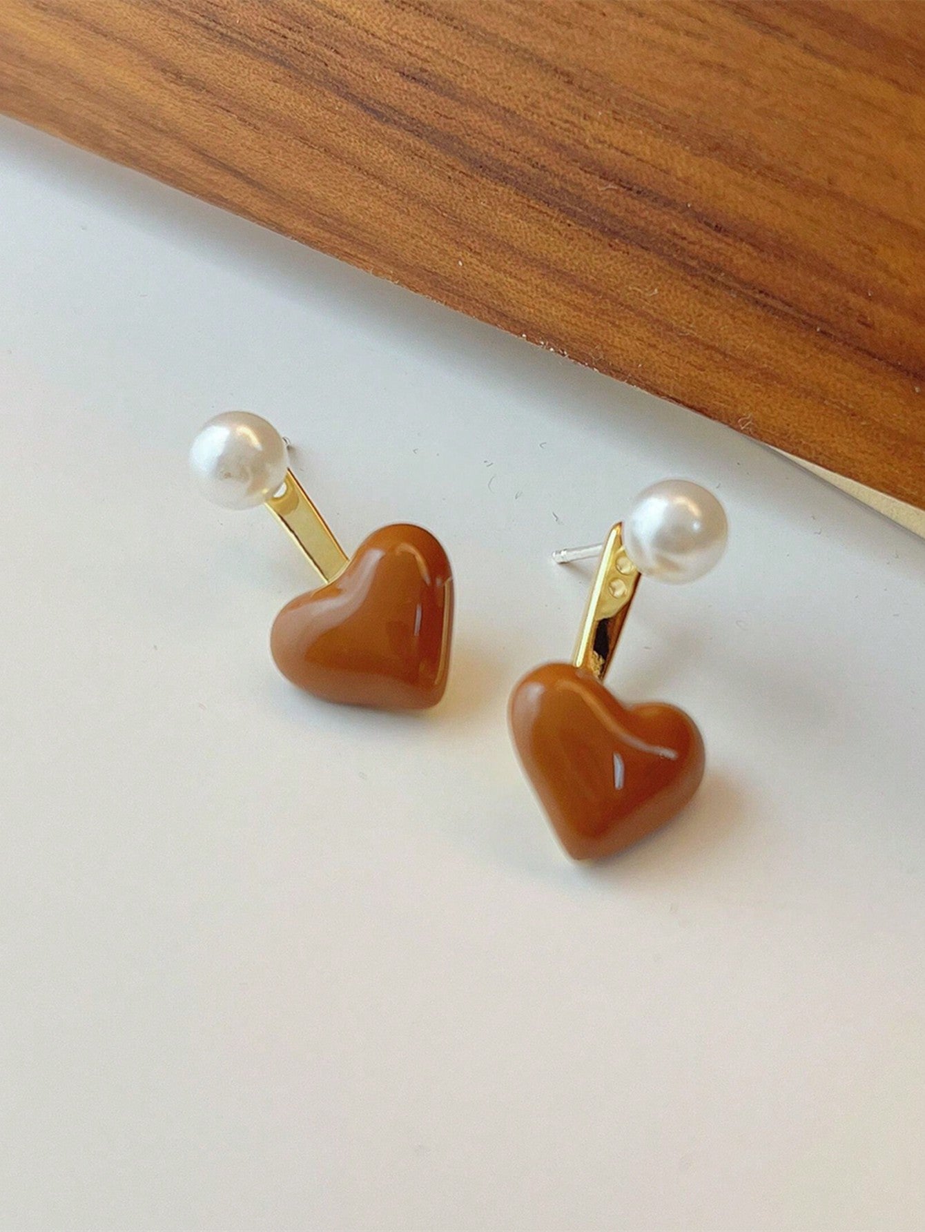 1pair Warm Brown Heart-shaped Pearl Stud Earrings-Coffee Brown-1