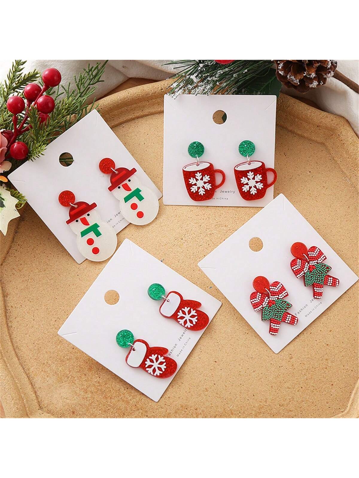 Christmas Santa Claus & Snowflake Design Earrings, Necklace Pendant And Stud Accessories, Cute Christmas Gift-Colorful-1