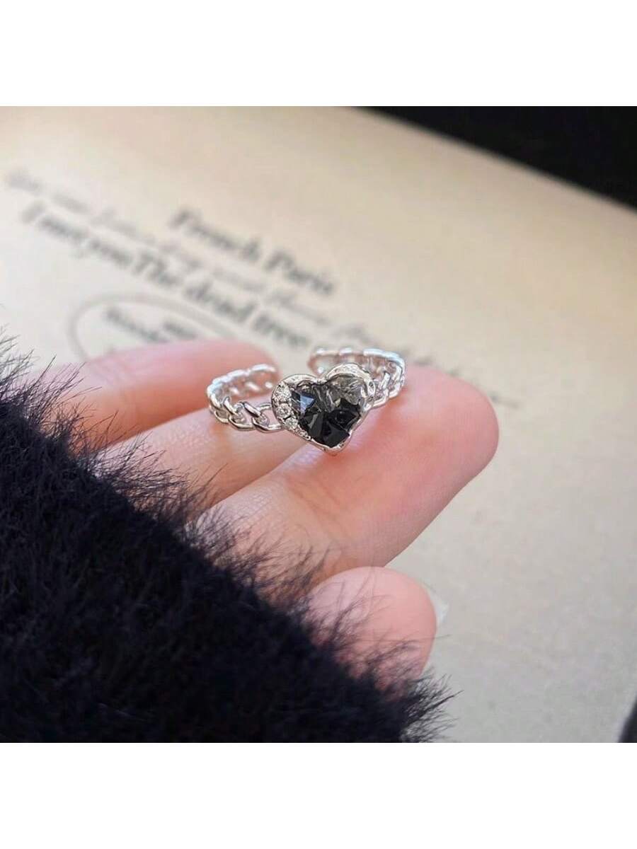 "" French Style Sweet And Cool Heart Shaped Hollow Out Ring, Open Ring For High-end Ig Style, Bff Gift-Black-1