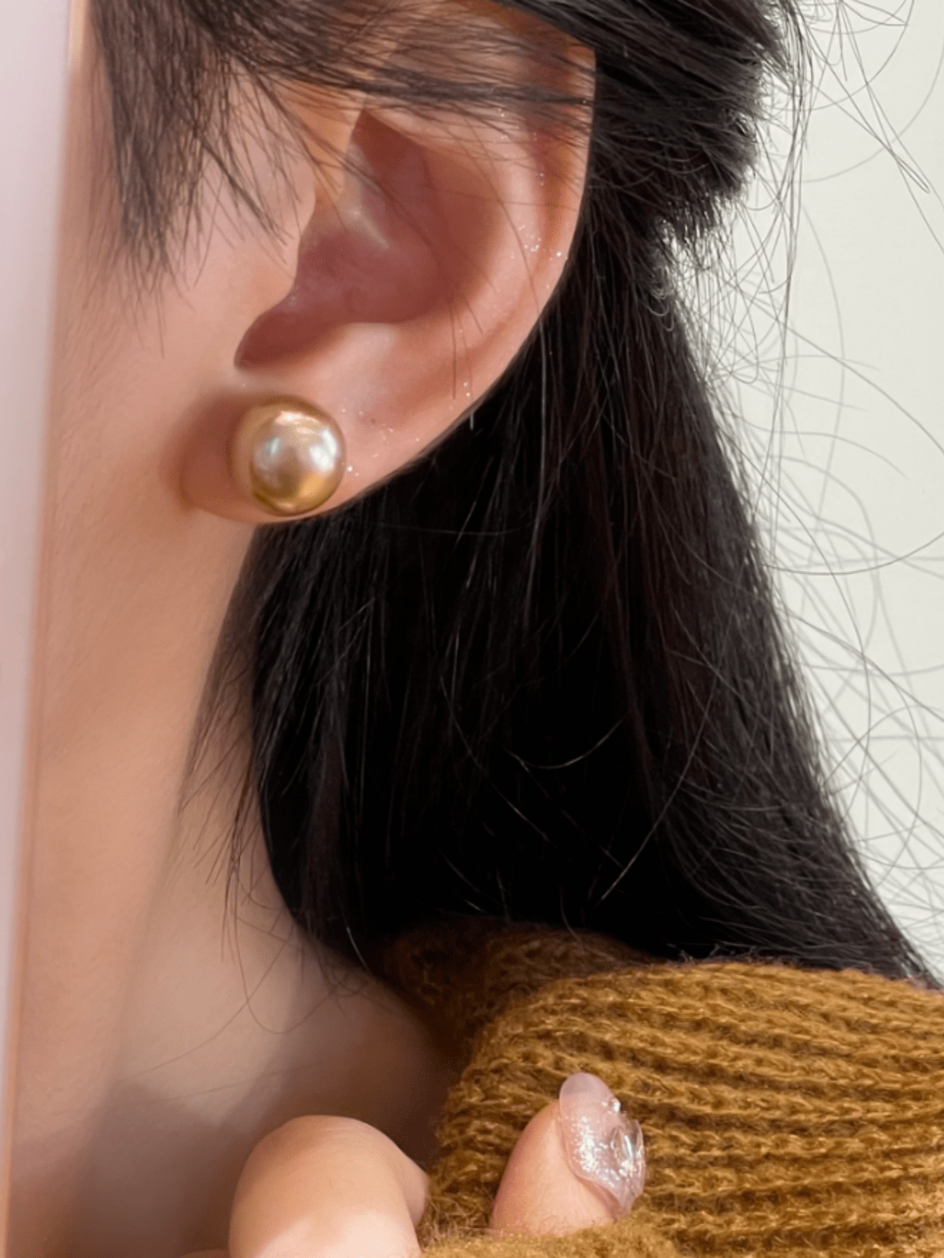 1pair Delicate & Small Milky Rad Pearl Stud Earrings For Women Daily Wear In Autumn And Winter-Bronze-1