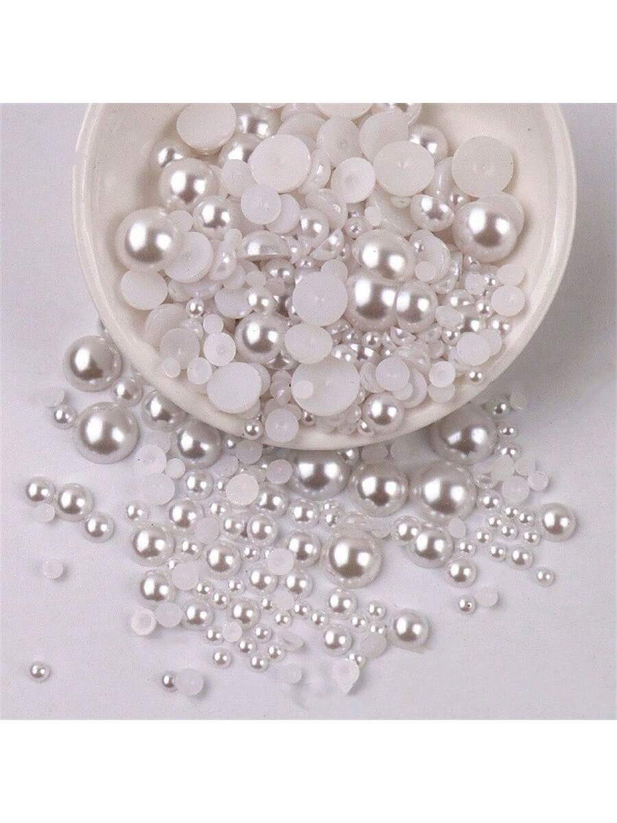 10g Mix 3-10mm Approx 240pcs Round Abs Pearls In Half Drilled Iridescent Coating For Nail Art, Jewelry Making, Diy Crafting, Phone Case Decoration Material Etc.-White-1