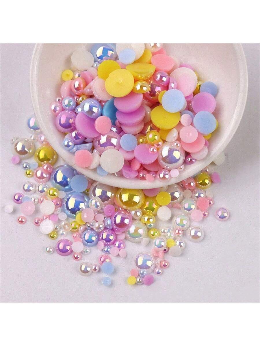 Approximately 240pcs 3-10mm Mixed Half Round Ab Color Imitation Pearl Beads Without Hole, Plated Nail Art Pearls, Handmade Diy Plastic Beads, Mobile Phone Case Decoration Materials-Multicolor-1