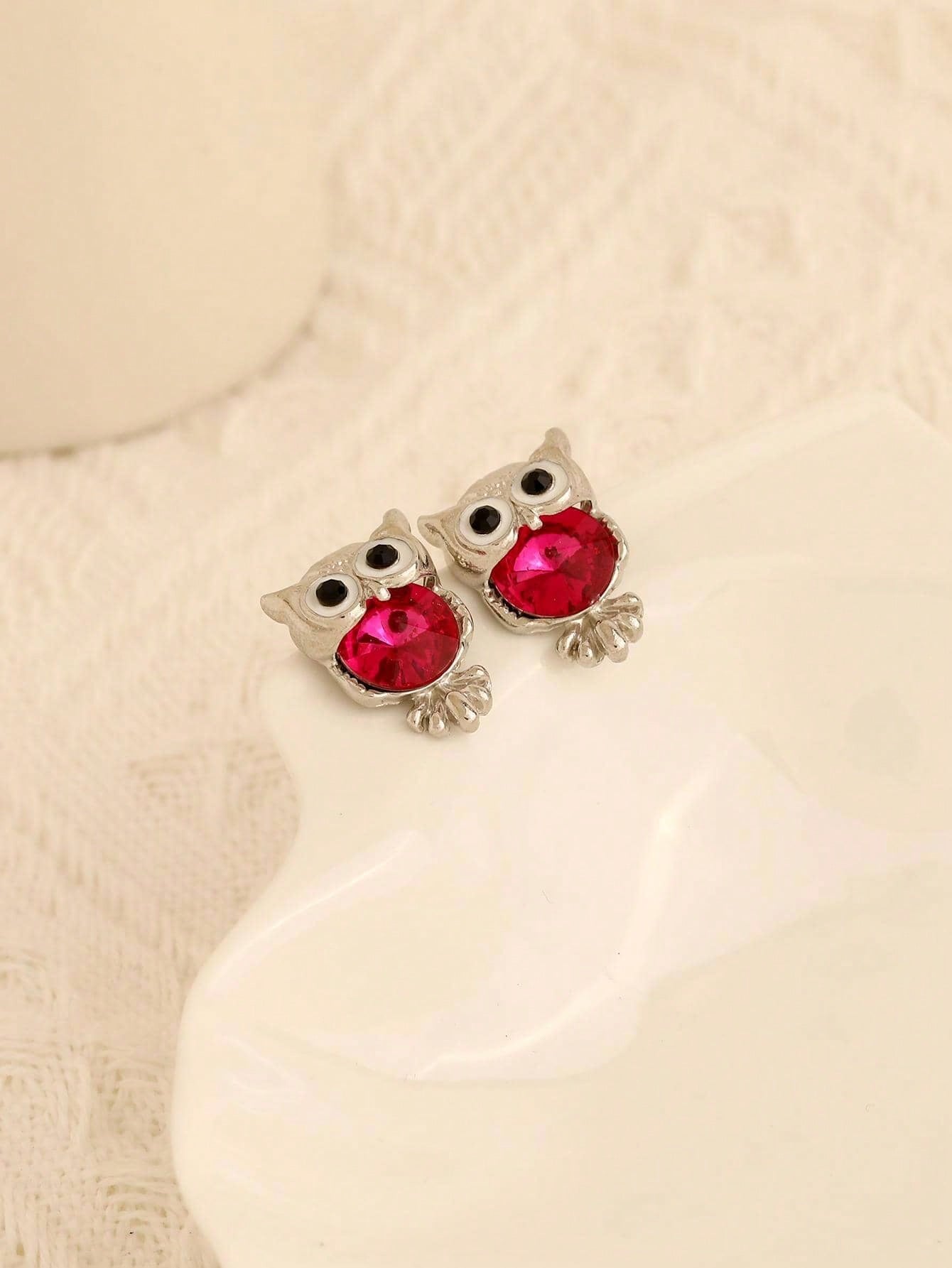 1pair Zinc Alloy Owl Stud Earrings-Multicolor-1