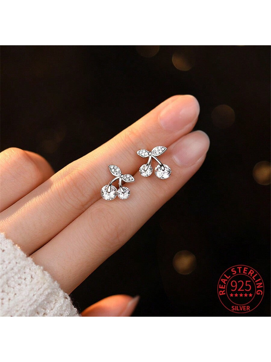 1pair 925 Sterling Silver Shiny Zirconia Cherry Shape Sweet Stud Earrings Suitable For Women's Daily Wear-White-1