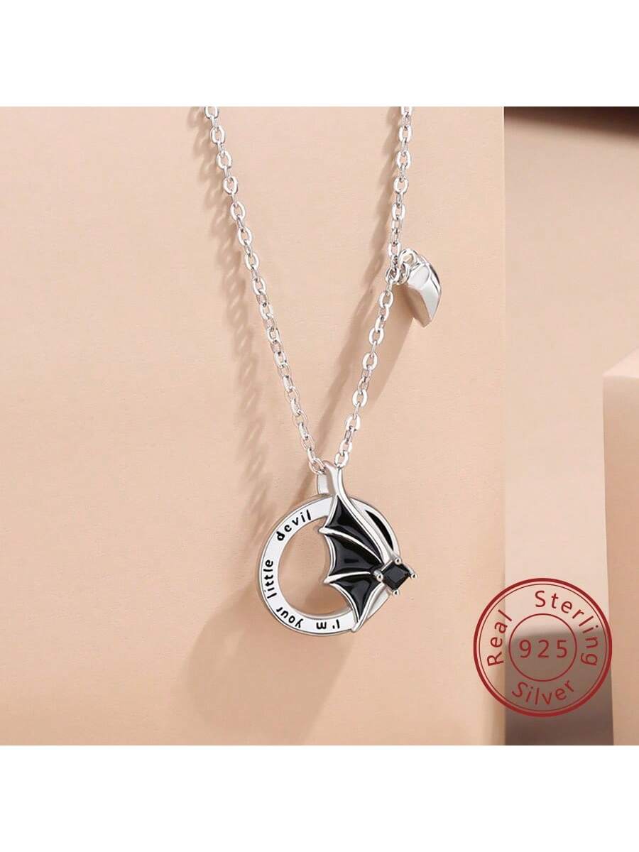 1pc S925 Silver Pair Angel & Synthetic Cubic Zirconia Couple Necklace--1