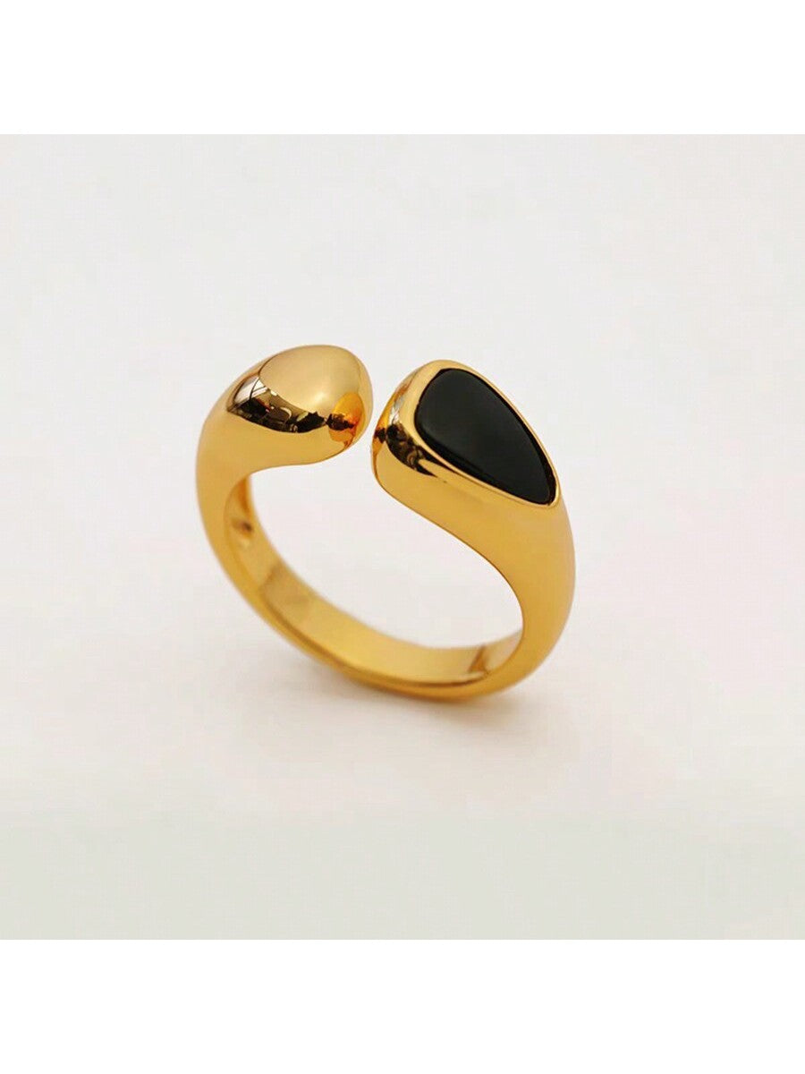 Vintage & Elegant Retro Style Classic Open Ring Design In Black With Light Luxury K Gold Tinge--1