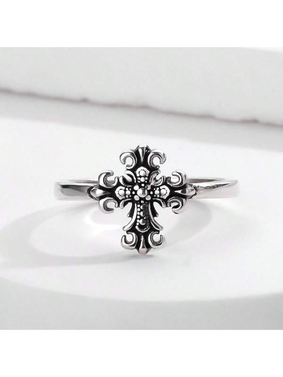 Women's Fashionable Vintage Thai Silver Cross Design Adjustable Open Ring-Silver-1