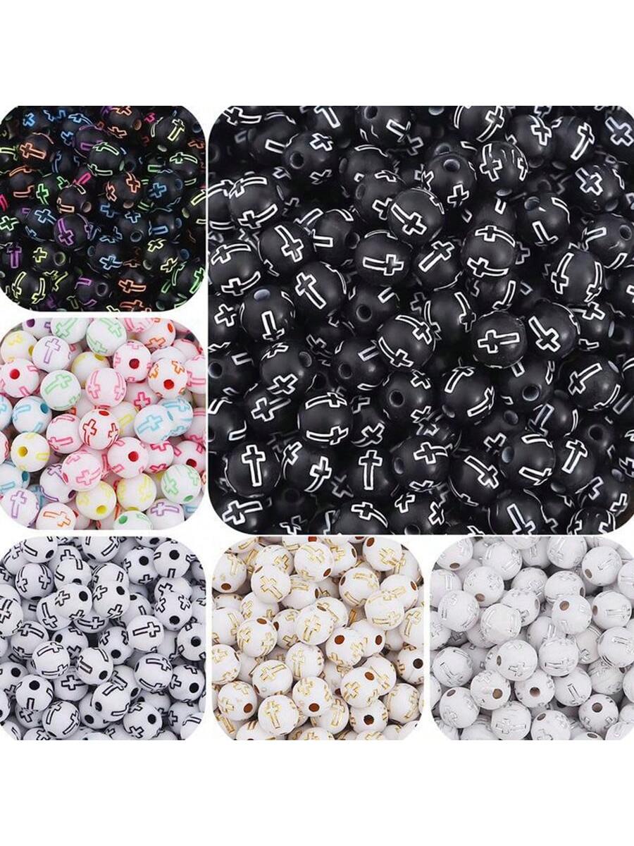 Approximately 50pcs/pack 10*10mm Acrylic Beads With Cross & Round Shape For Diy Children's Beaded Jewelry Accessories, Bracelet Making-Multicolor-1