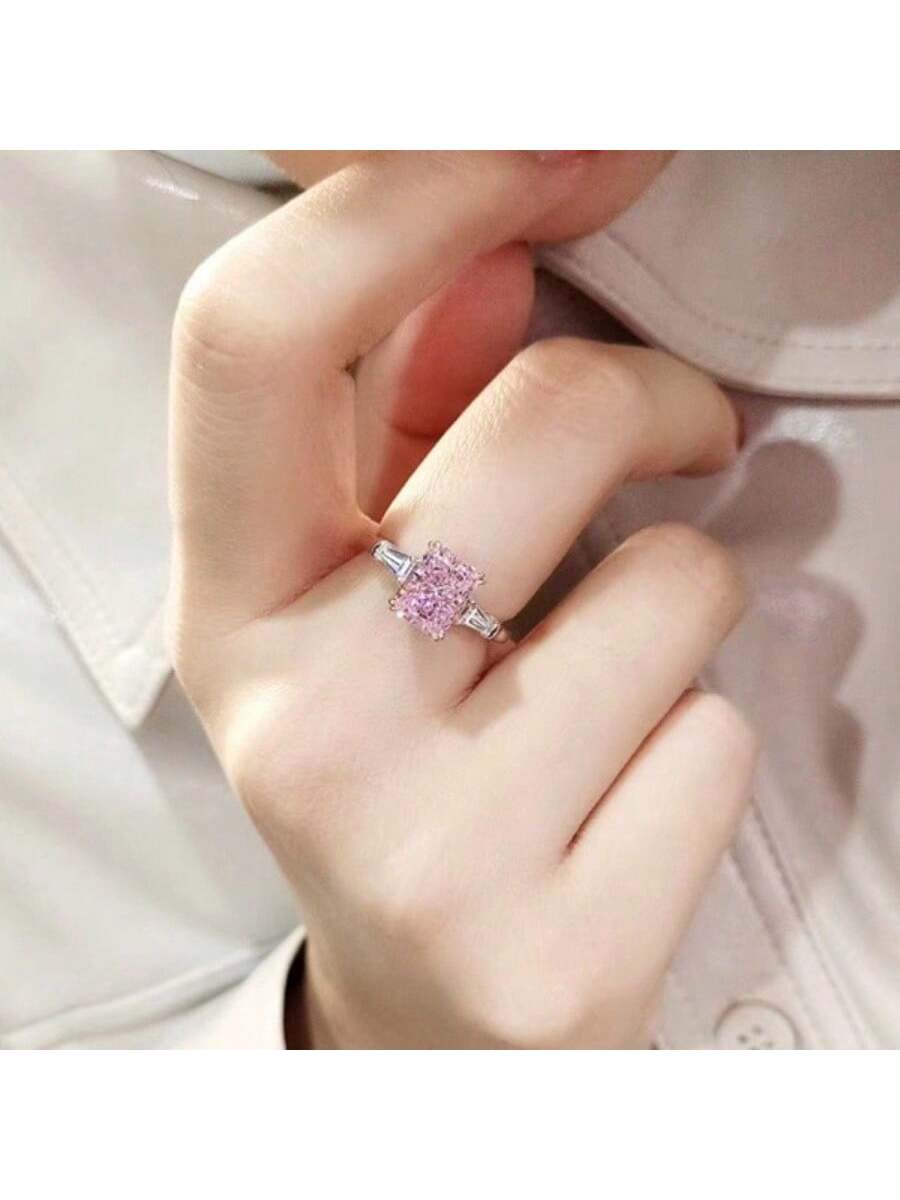 Women's Fashionable Pillow Shape Square Cut Pink Diamond & Ring For Dating, Travel, And Daily Wear-Pink-1