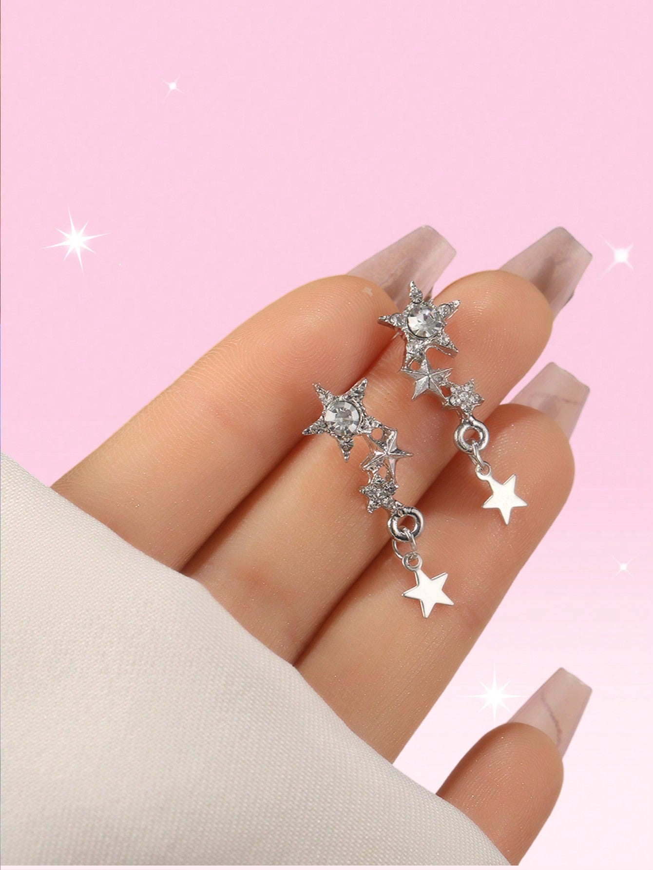 Kawaii Rhinestone Star Decor Drop Earrings-Silver-1