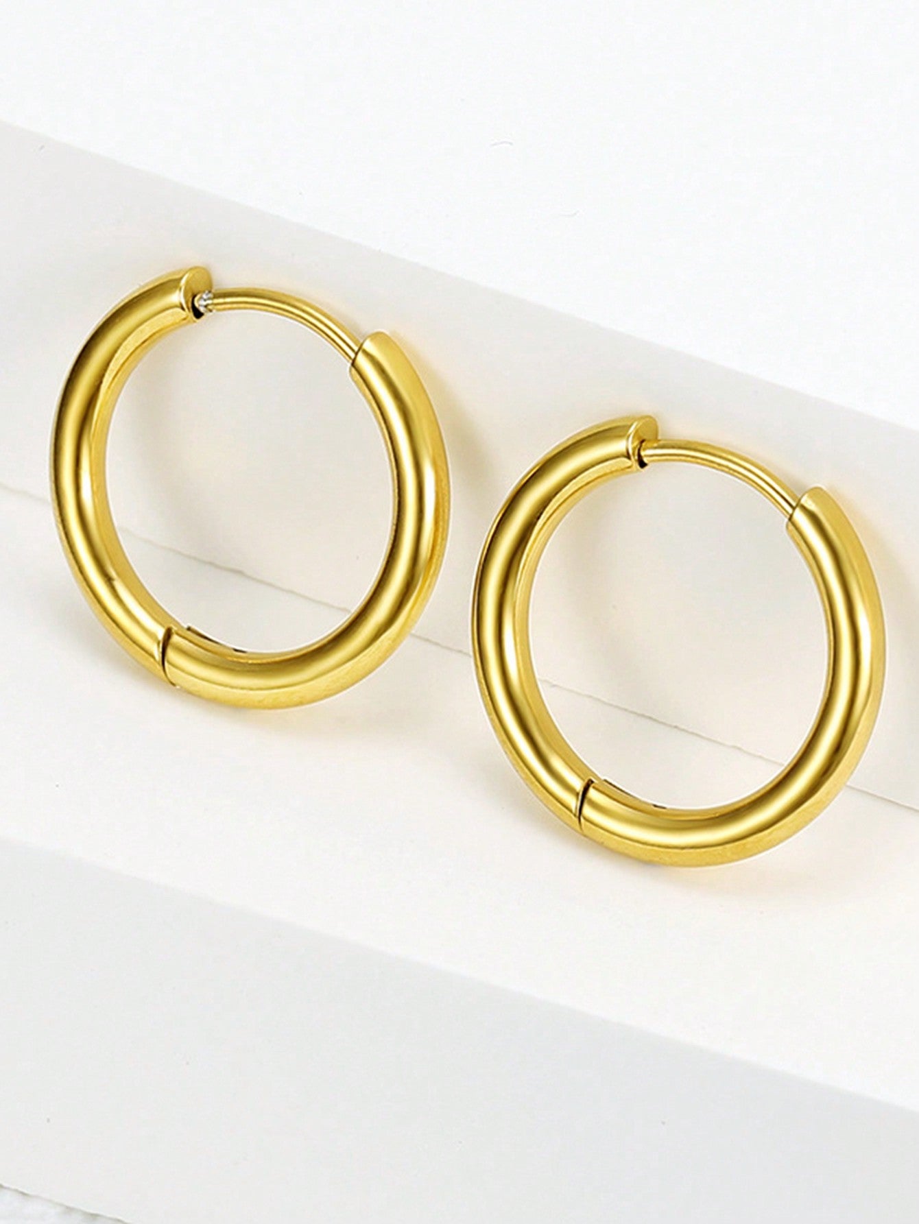 1set 2pcs Stainless Steel Round Hoop Earrings Suitable For Men And Women's Daily Wear-Yellow Gold-1