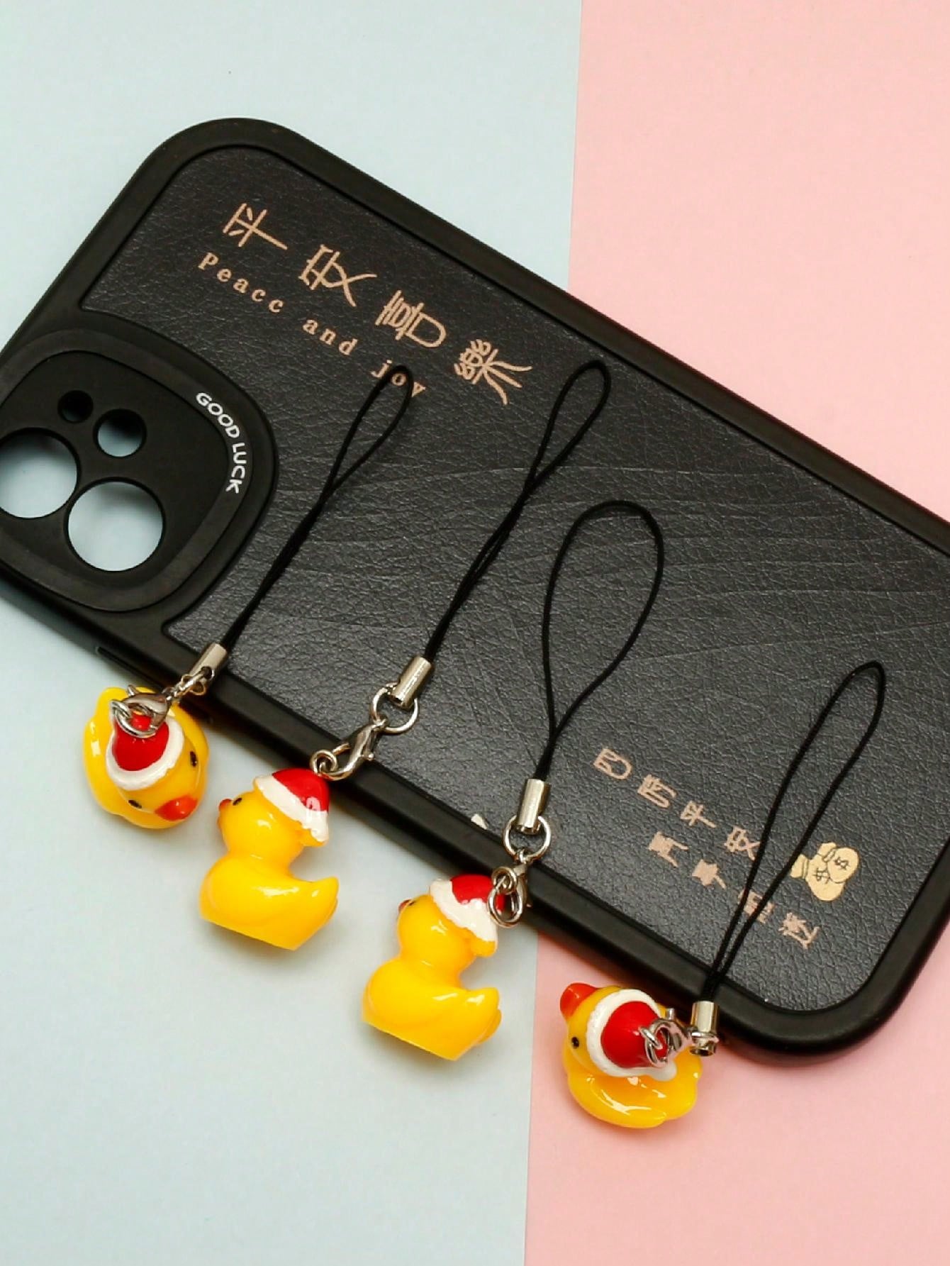 New 4pcs Christmas Duck Mobile Phone Charms Cartoon Resin Keychains Lanyard for Keys Decoration Bag Charms Phone Strap-Yellow-1