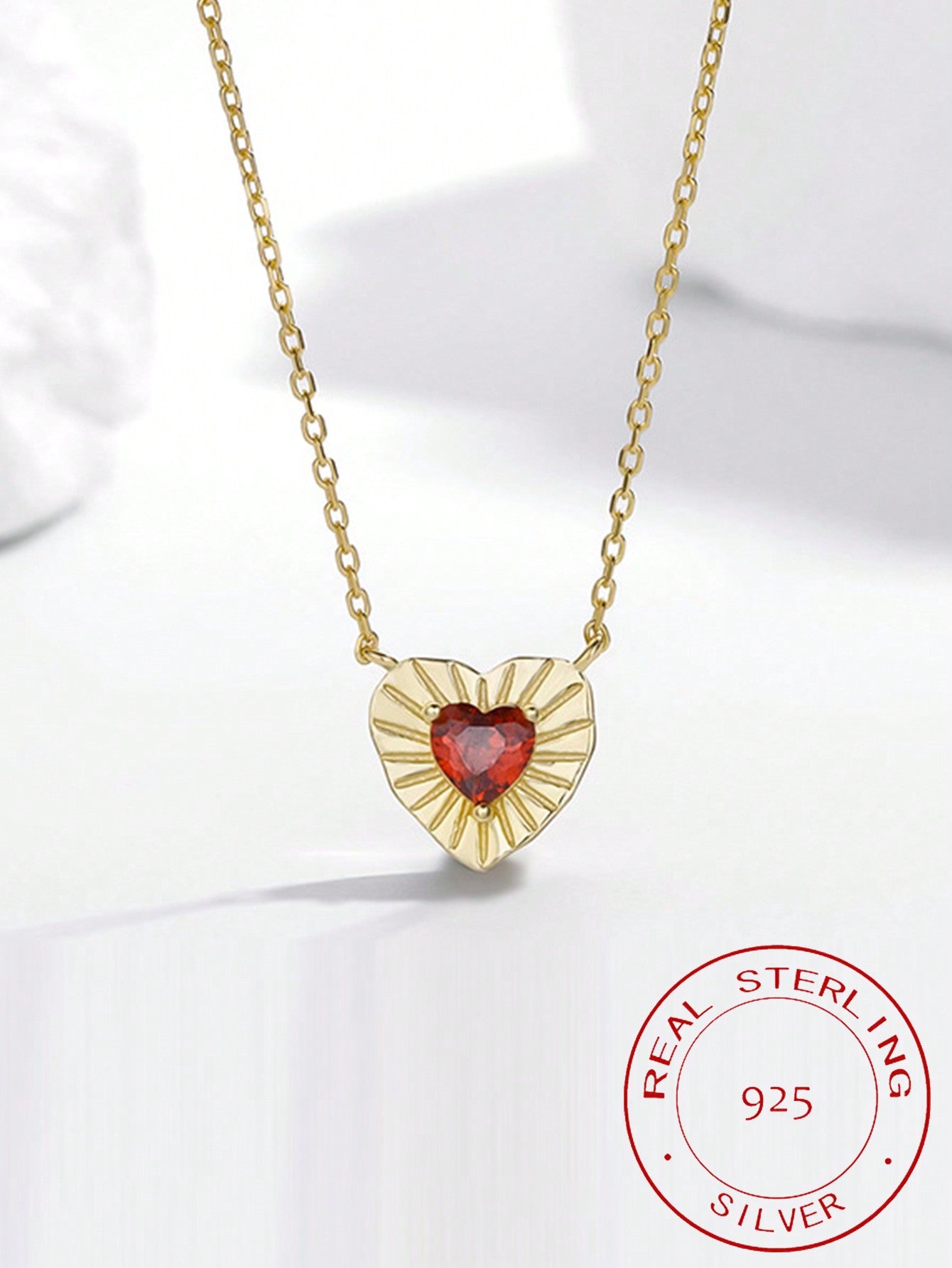 1pc Classic & Vintage S925 Pure Silver Heart Pendant Necklace With Artificial Red Cubic Zirconia & Diamond For Women, Golden-Yellow Gold-1