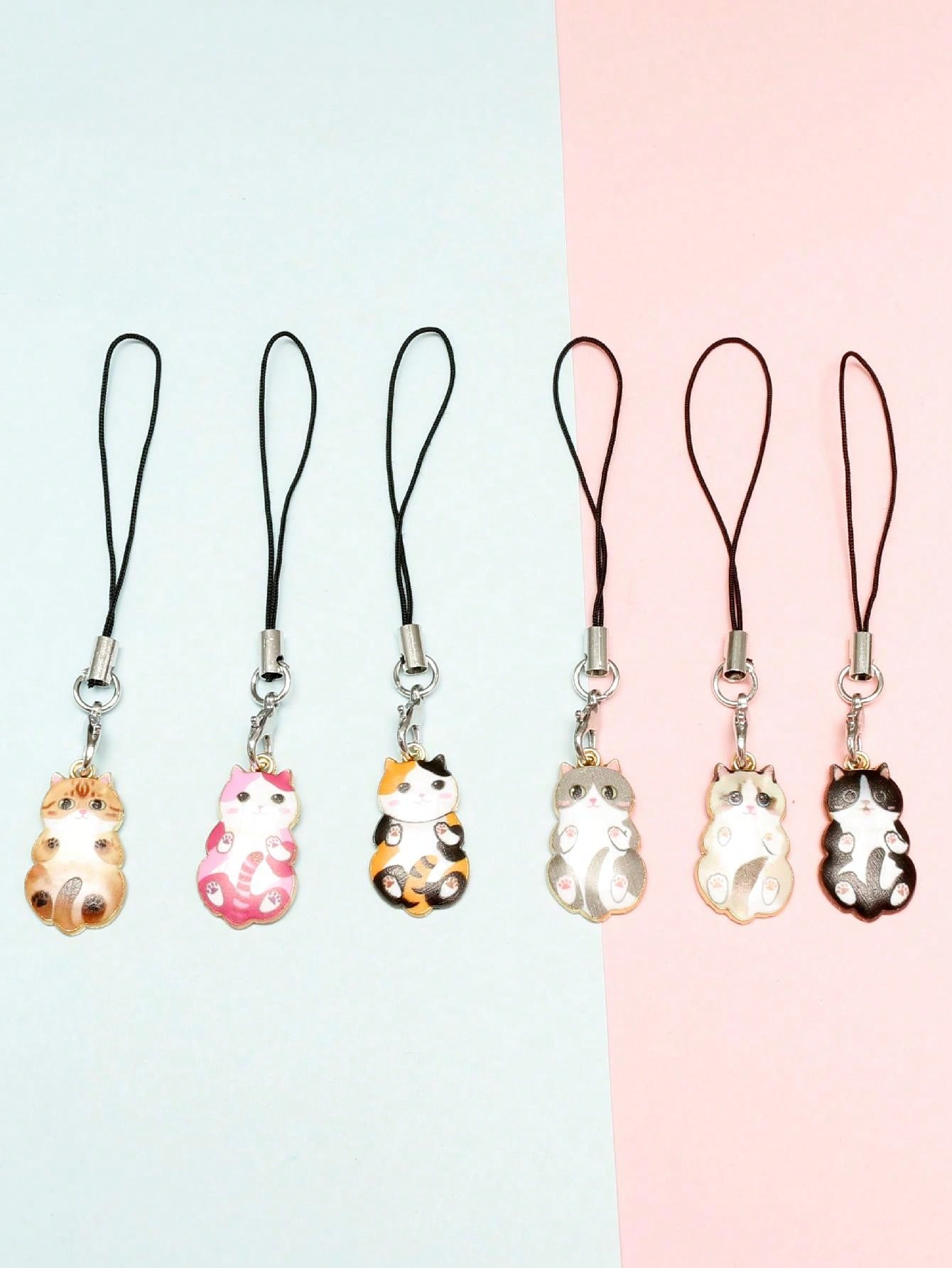 New 6pcs Cat Mobile Phone Charms Cartoon Metal Keychains Lanyard for Keys Decoration Bag Charms Phone Strap-Multicolor-1