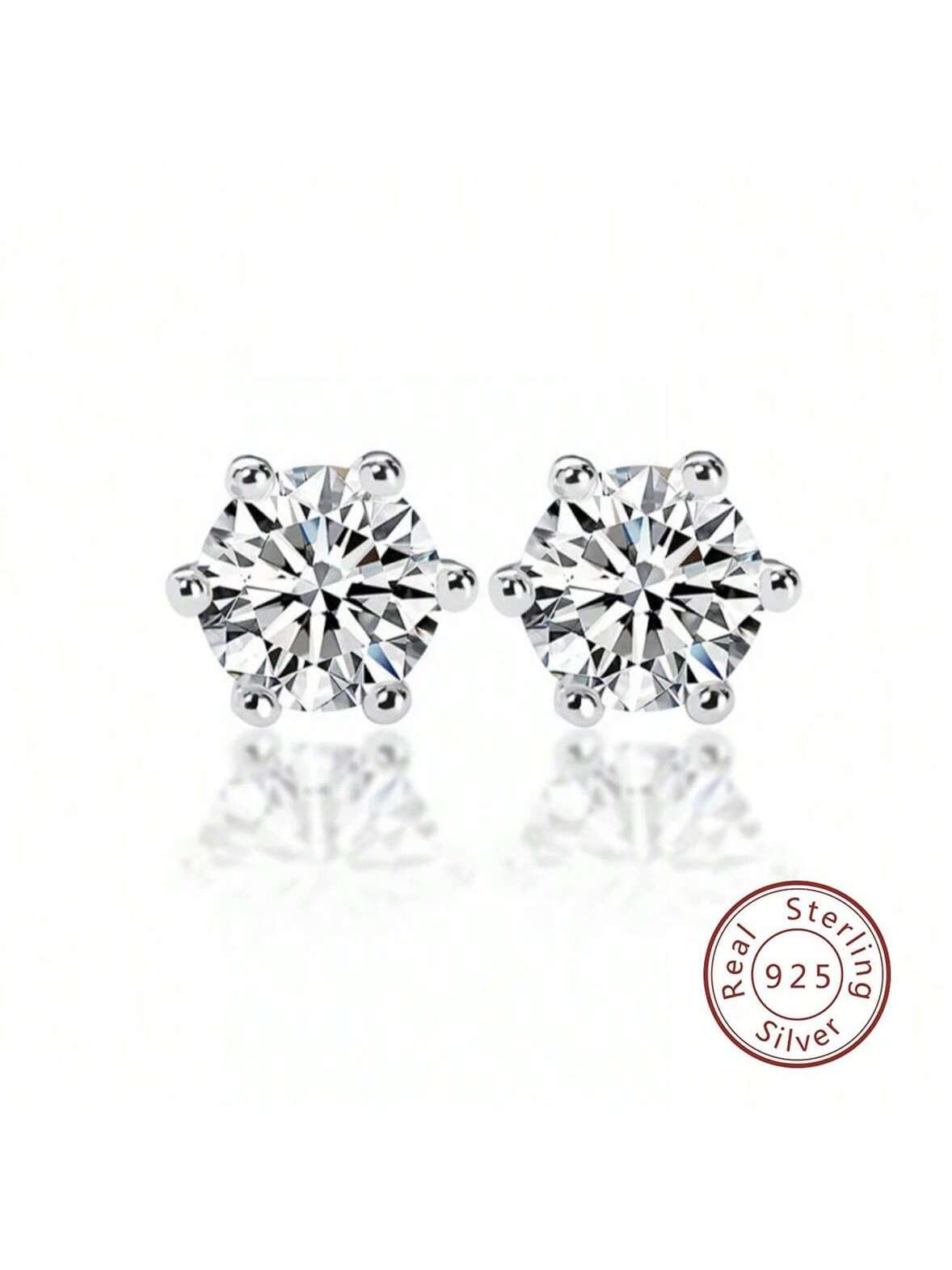 A Pair Of 925 Sterling Silver Plum Cut Moissanite Simple And Elegant Six-claw Ladies Earrings For Daily Wear-Silver-1