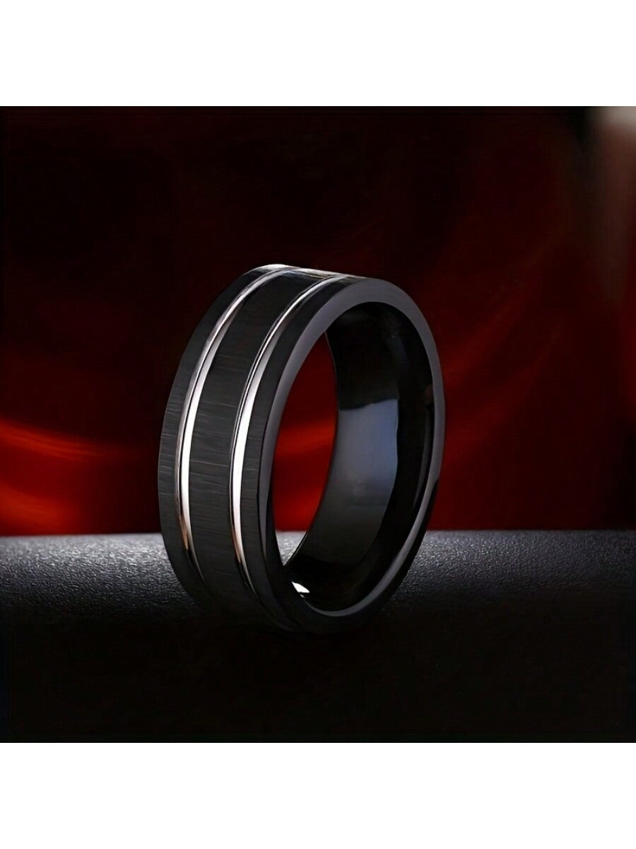 1 Men's Fashion Business Black Carbonized Stainless Steel Silver Thread Matte Brushed Ring Wedding Engagement Promise Ring-Black-1